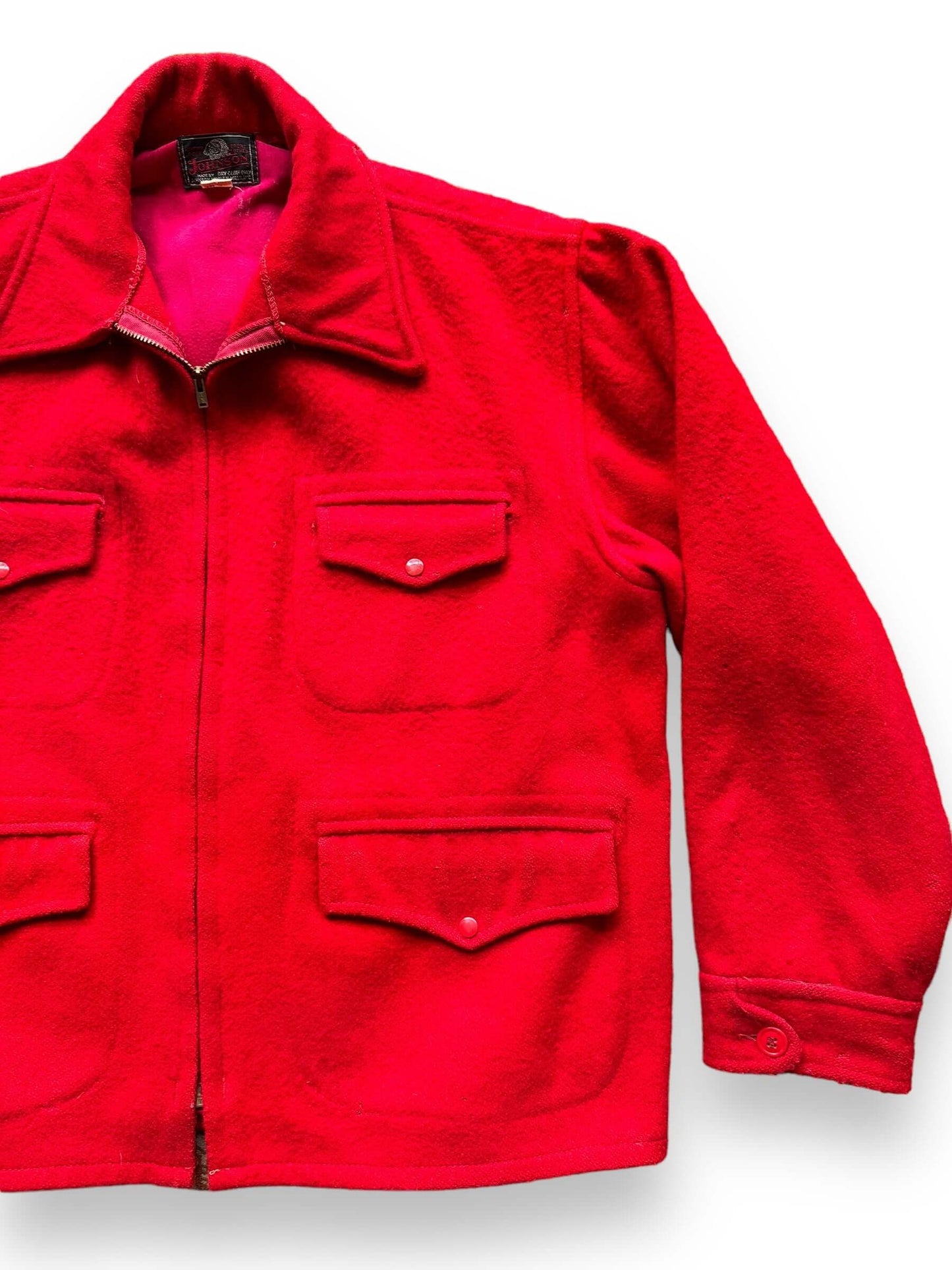 front left of Vintage Johnson Woolen Mills Red Wool Jacket SZ 46