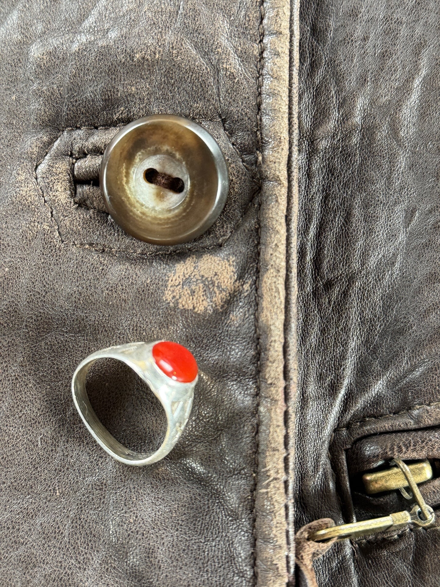 Ware around front buttons on Vintage 80s Double Breasted Leather Jacket SZ M
