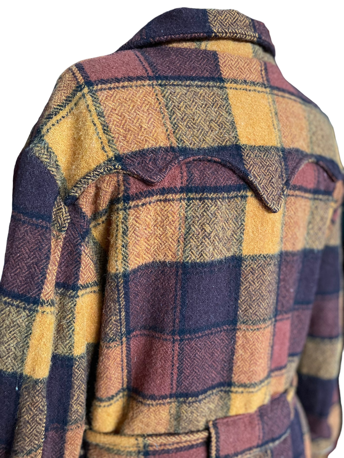Back left side view of Vintage H Bar C Western Wear Plaid Belted Coat | Seattle True Vintage | Barn Owl Vintage Coats