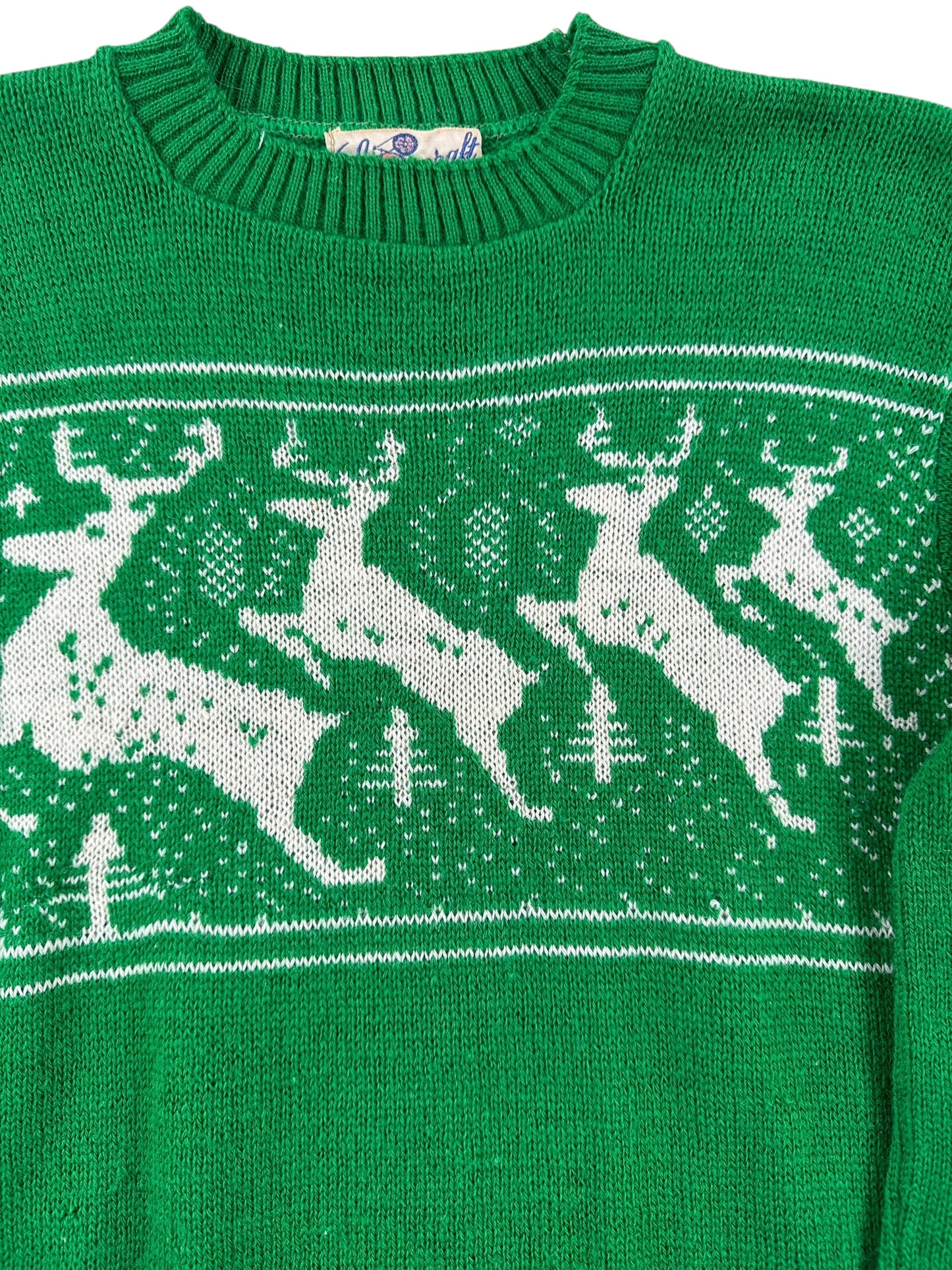 Design on Vintage Spuncraft Green Wool Reindeer Ski Sweater SZ XXS