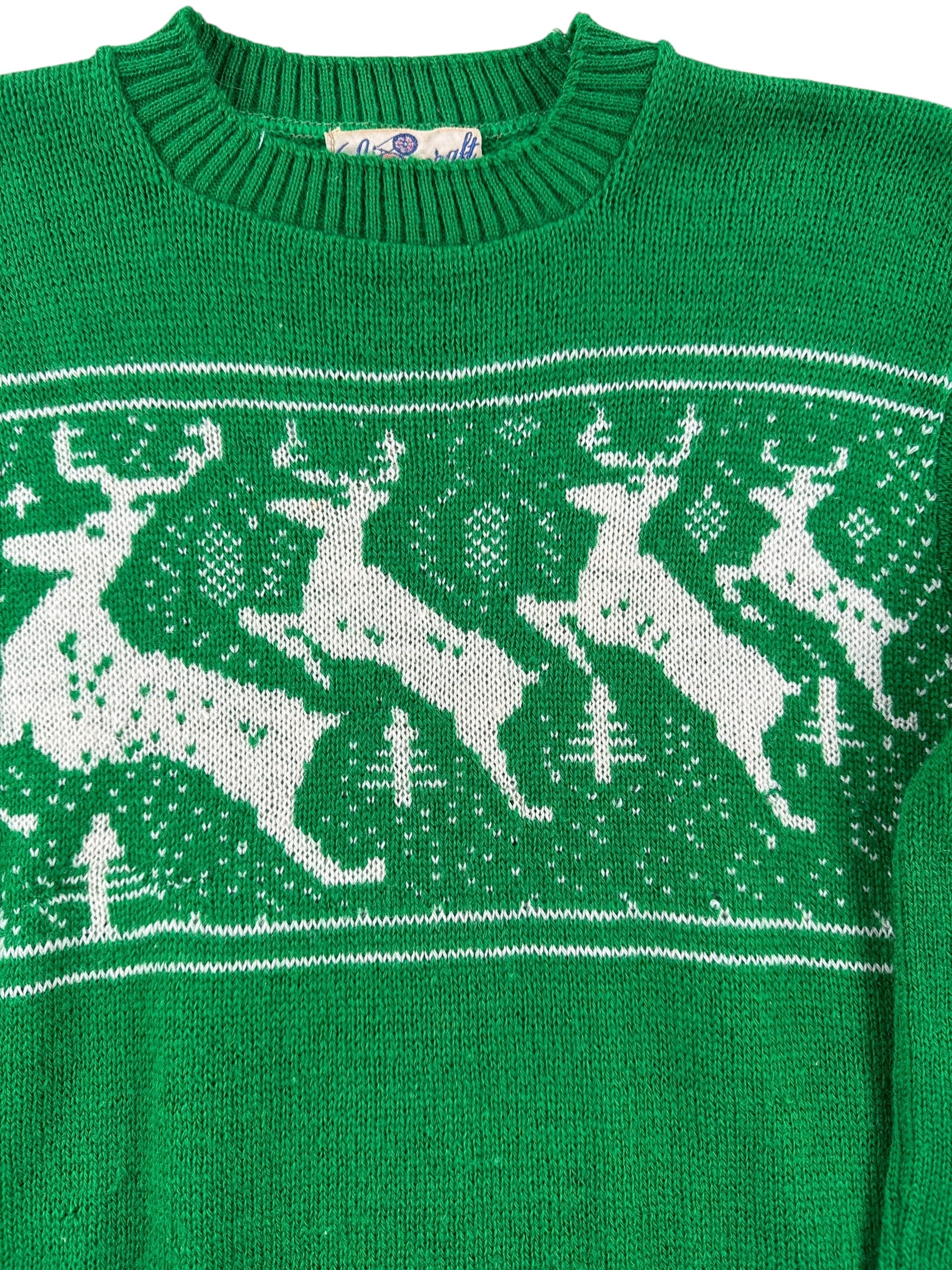 Design on Vintage Spuncraft Green Wool Reindeer Ski Sweater SZ XXS