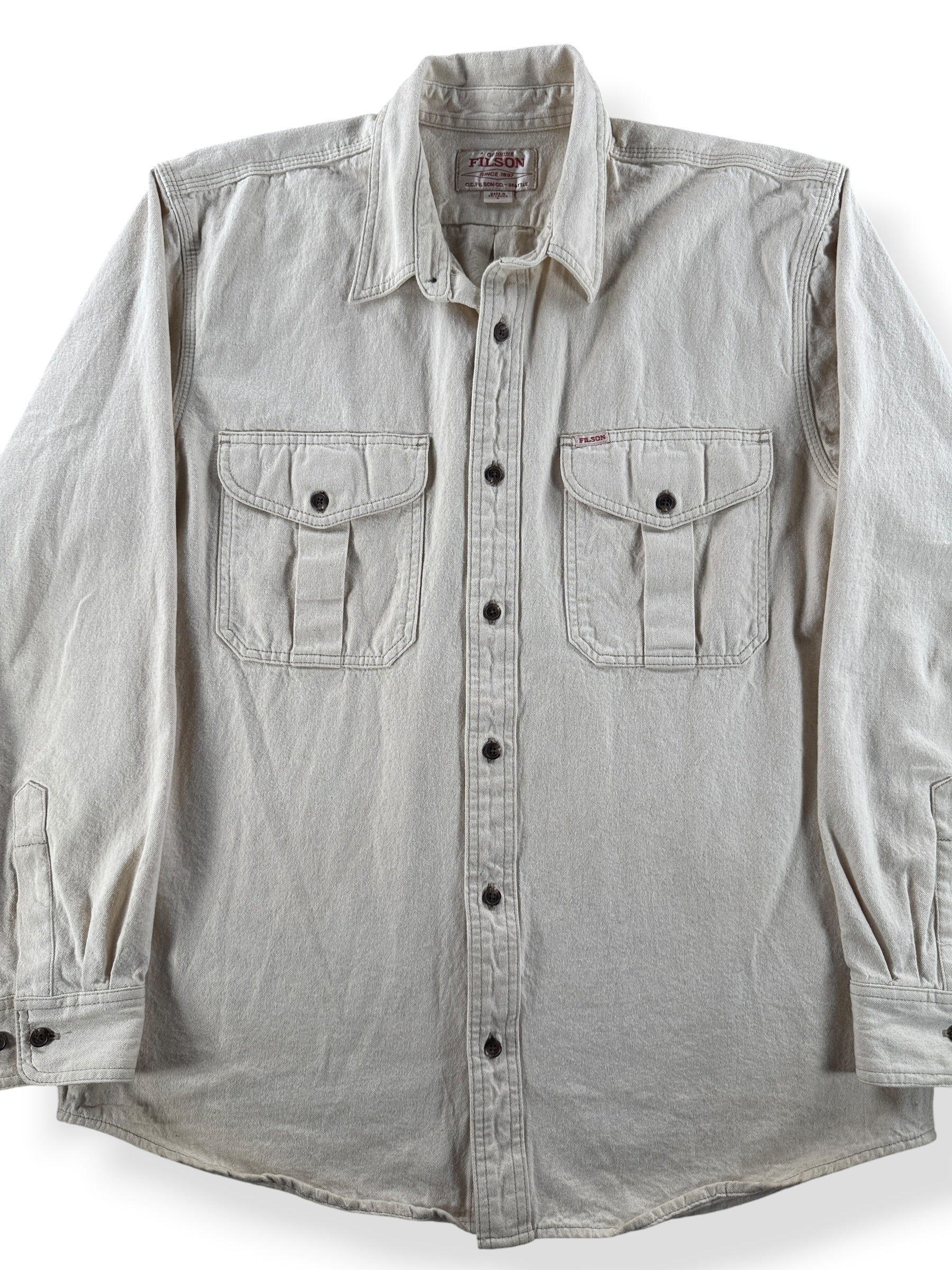 Front Close Up of Filson Natural Twill Guide Shirt SZ L