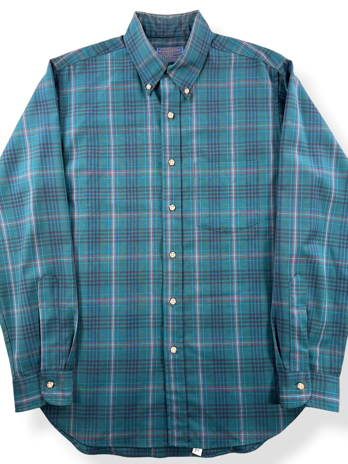 Front Close Up of Vintage Sir Pendleton Green/Blue Plaid Button Down SZ M