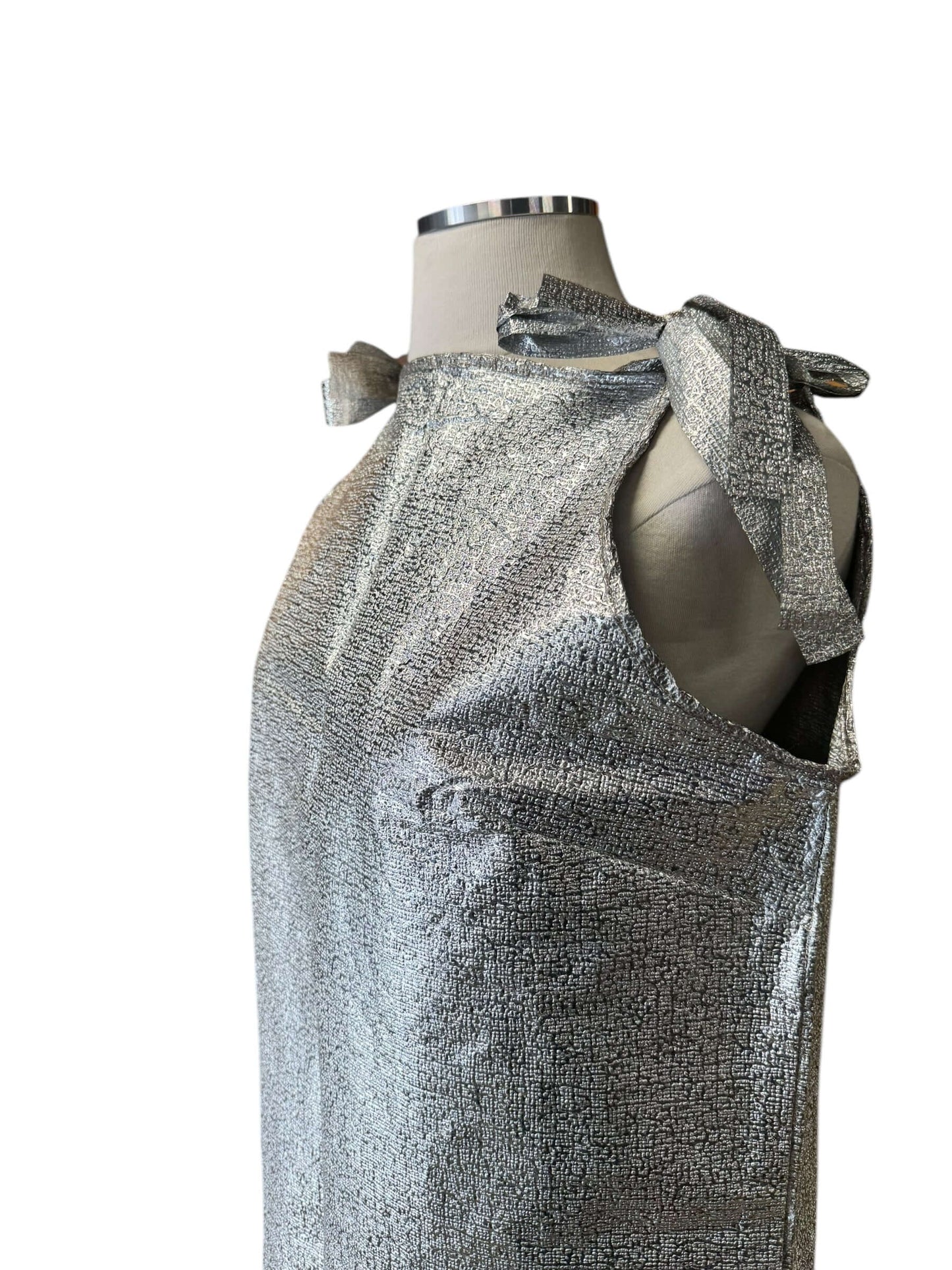 Side view of 1960s Space Age Silver Paper Dress L-XL