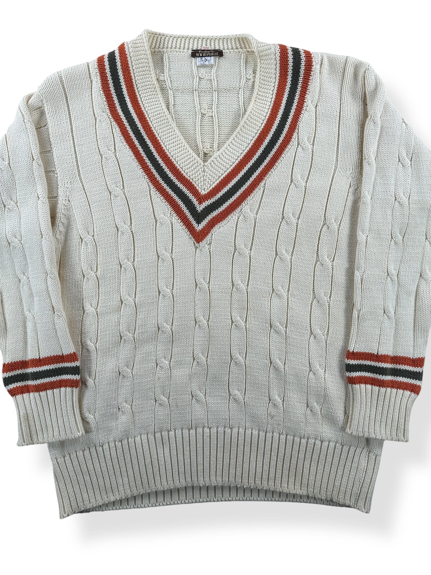 Front Close Up of Made in England New Republic Cotton Cable Knit Sweater SZ M