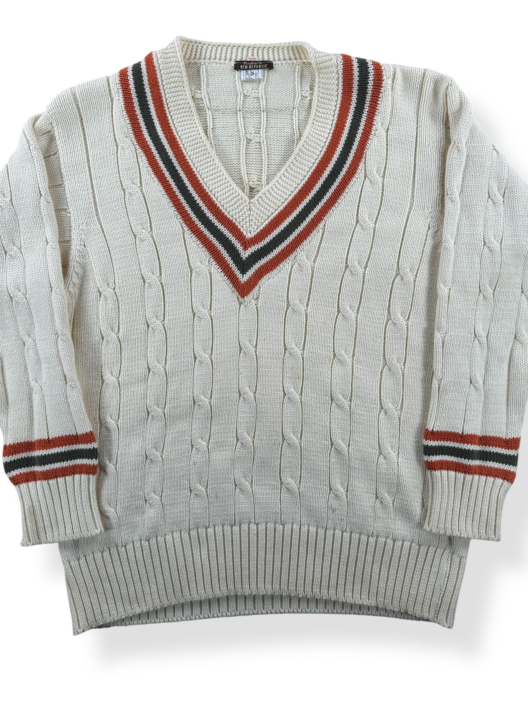 Front Close Up of Made in England New Republic Cotton Cable Knit Sweater SZ M
