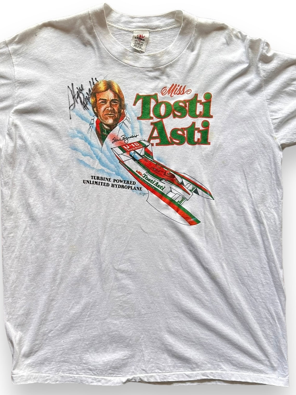 Front Detail of Vintage Miss Tosti Asti Hydroplane Racing Tee SZ XL | Vintage Hydroplane T-Shirts Seattle | Barn Owl Vintage Clothing Seattle