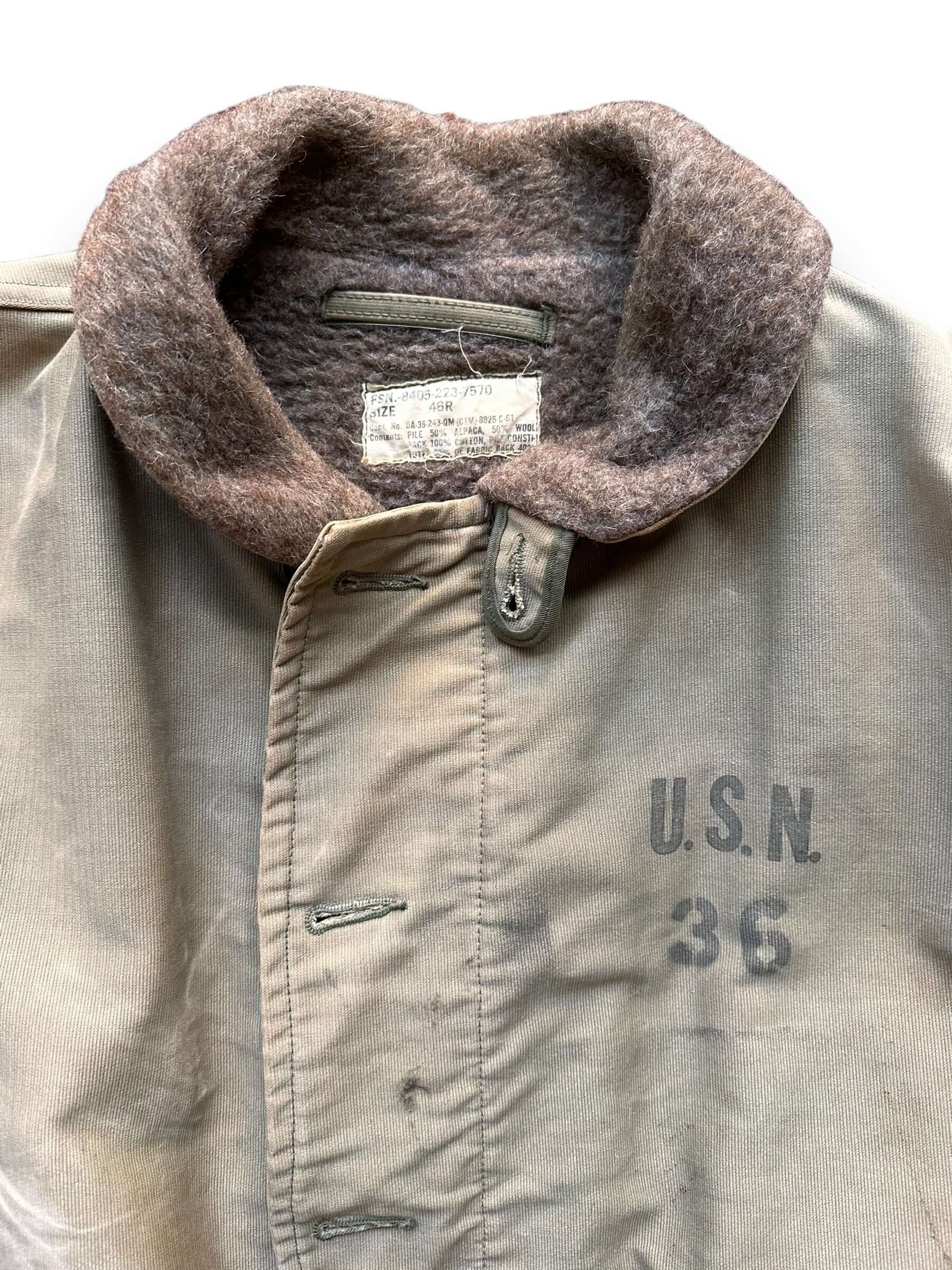 Collar View of Vintage 1961 USN N-1 Deck Jacket SZ 46 |  Vintage Military N1 Deck Jacket Seattle |  Barn Owl Vintage Seattle