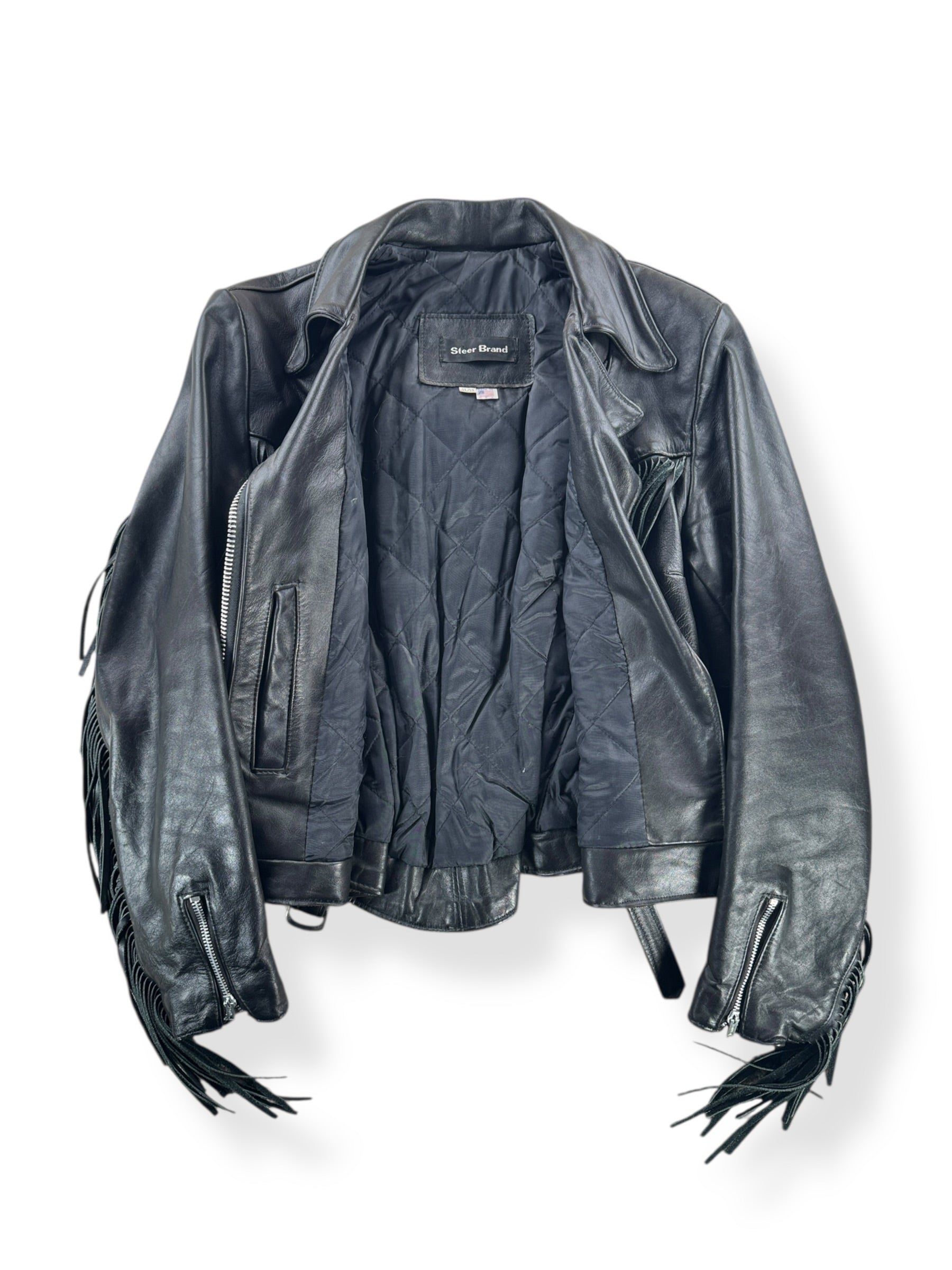 Inside of Vintage Steer Brand Fringe Leather Biker Jacket SZ 11/12