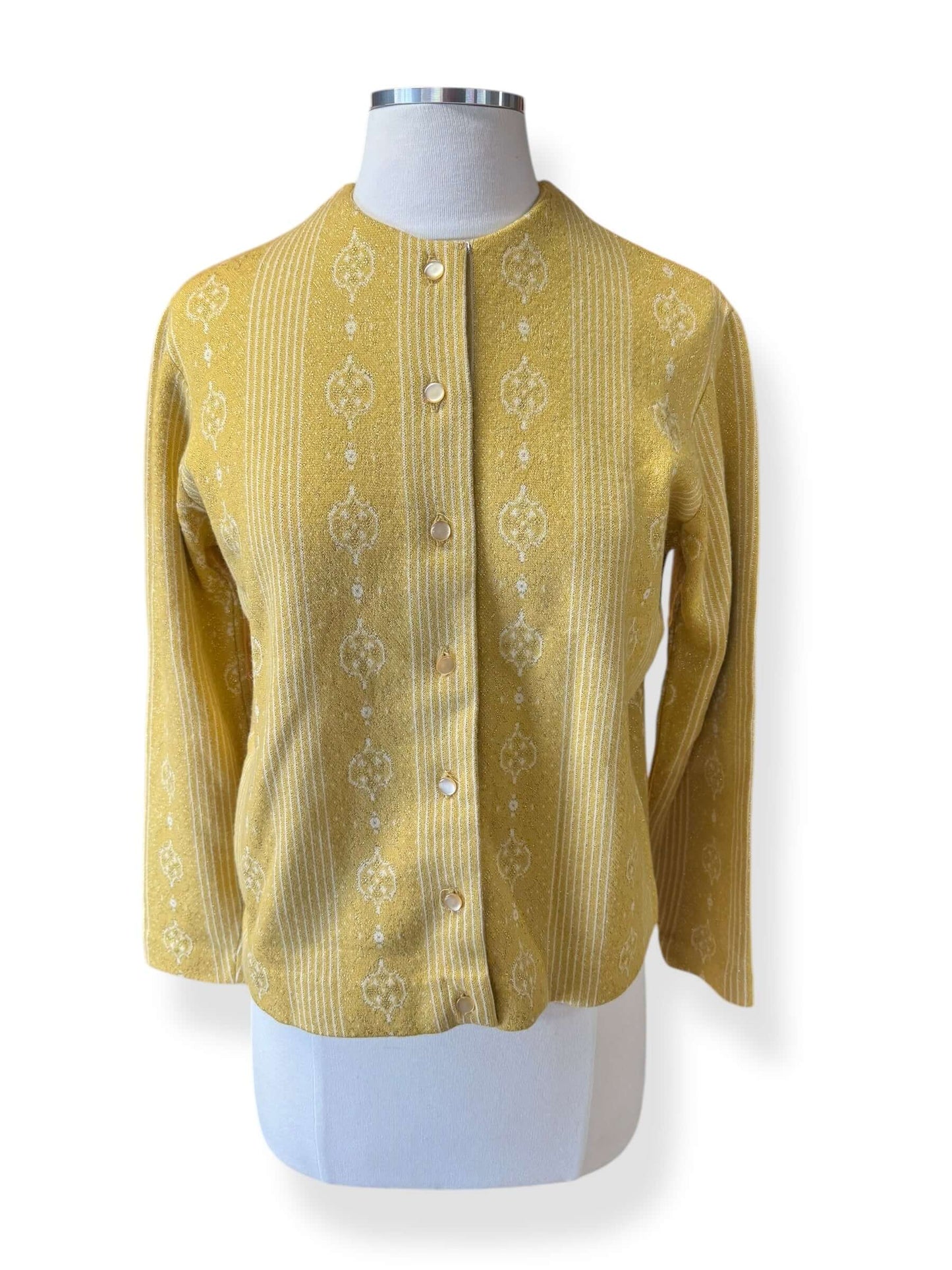 Front view of 1960s Gold Lurex Jantzen Cardigan L