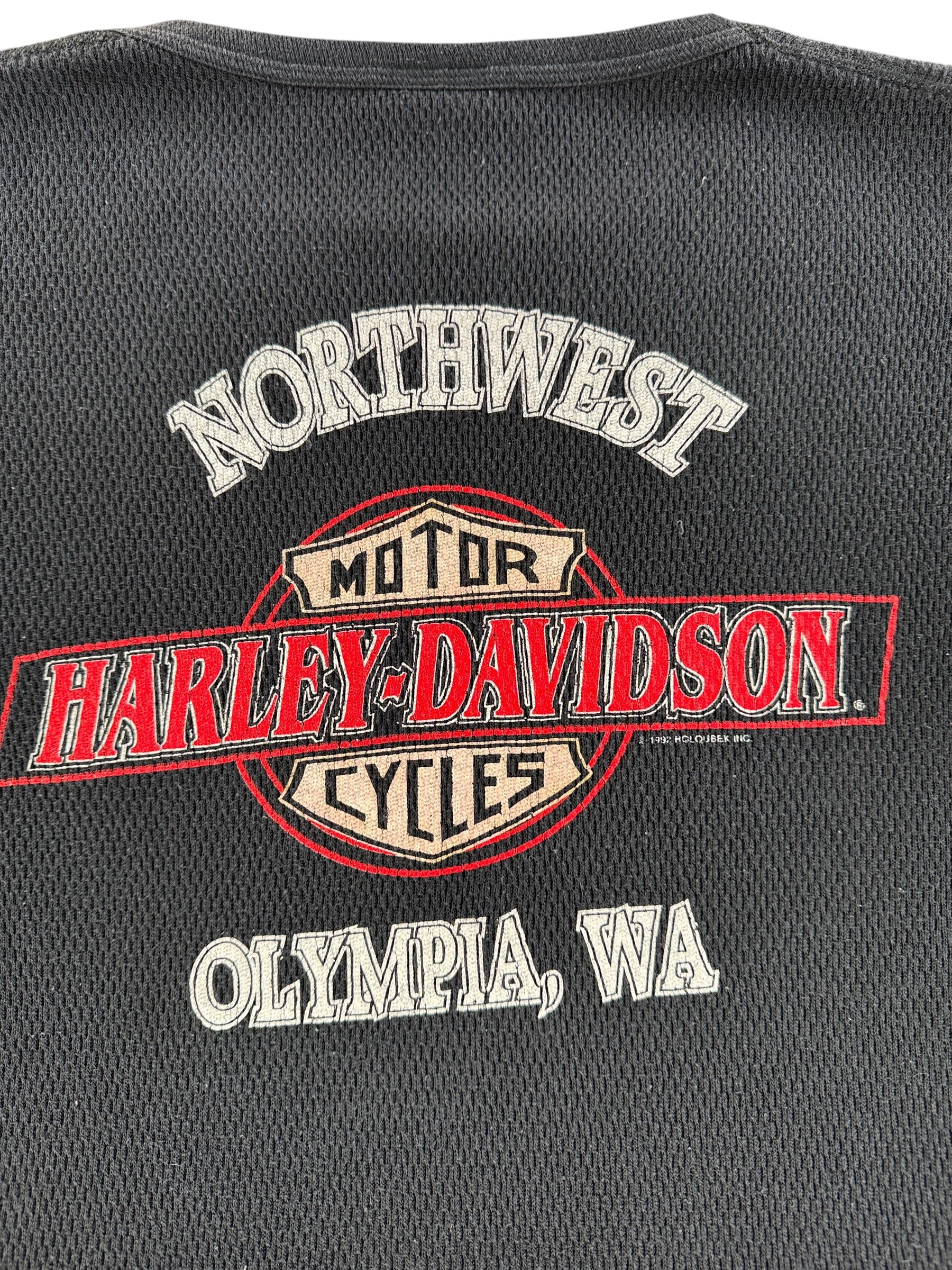 Back Graphic of Vintage '92 Olympia Harley Davidson Thermal SZ 3XL (Fits L)