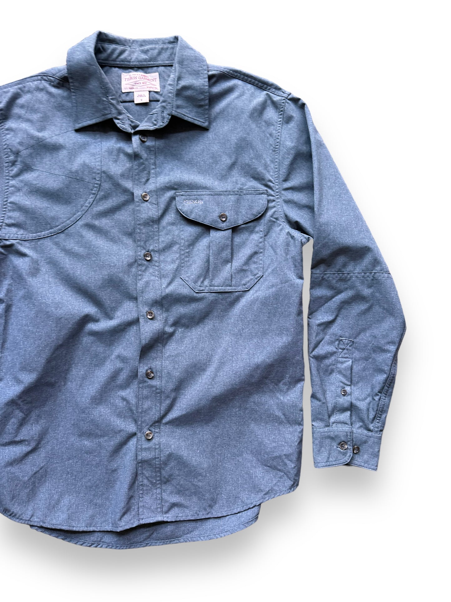 Front Left View of Filson Carbon Blue Right Handed Shooting Shirt SZ M |  Barn Owl Vintage Goods | Vintage Filson Workwear Seattle