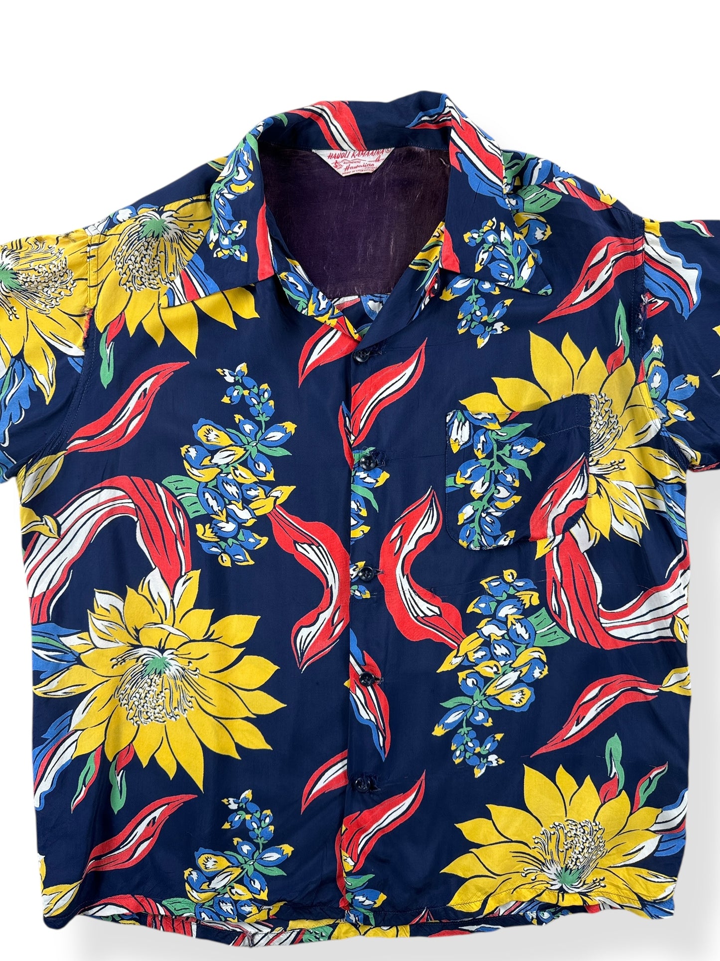 Front of Vintage Navy Blue Floral Aloha Shirt SZ L AS IS