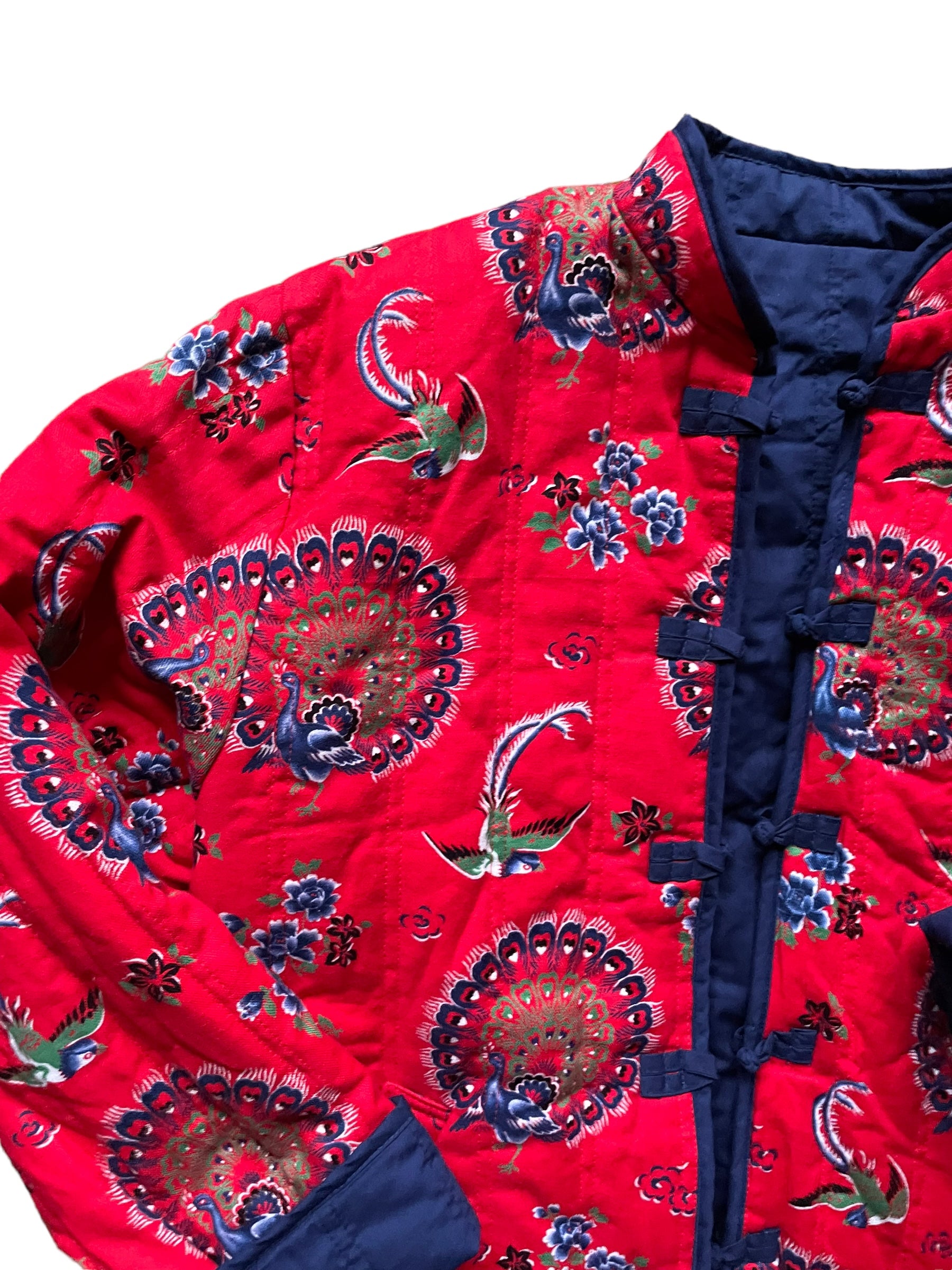 Front right shoulder view of Quilted Reversible Cheongsam Style Jacket SZ L-XL | Seattle Vintage Jackets | Barn Owl Vintage