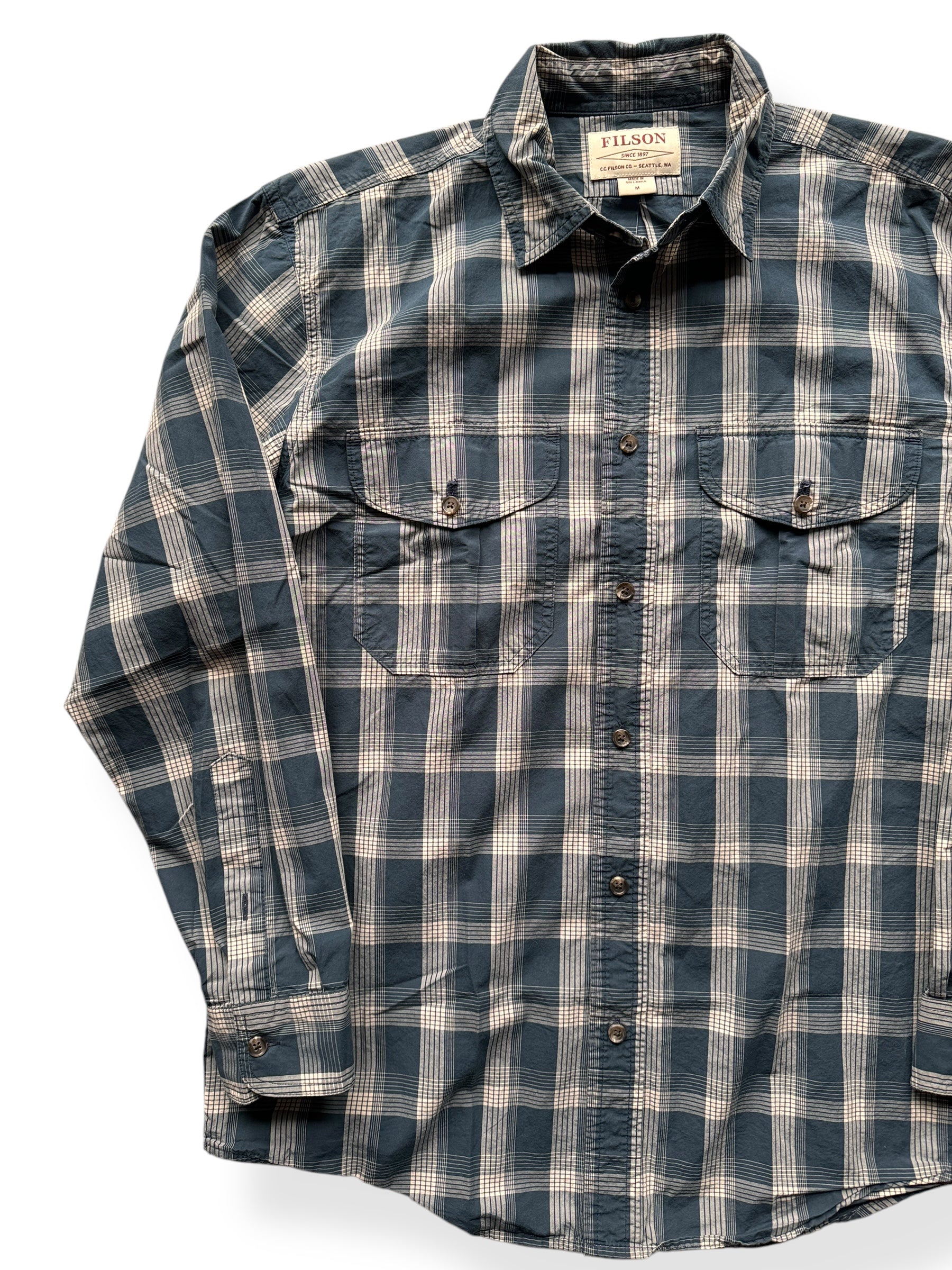 Front Right of Filson Blue Plaid Feather Cloth Shirt SZ M