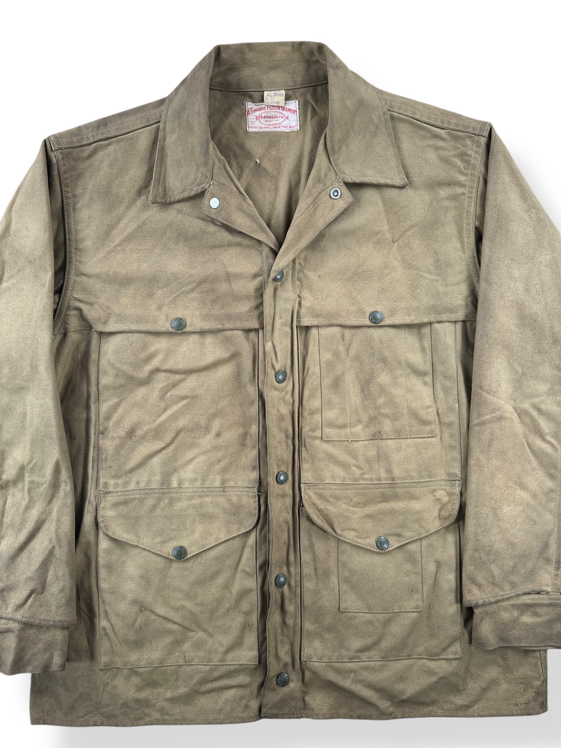 Front Close Up of Vintage 1950s Filson Double Logger Tin Cloth Jacket SZ 42