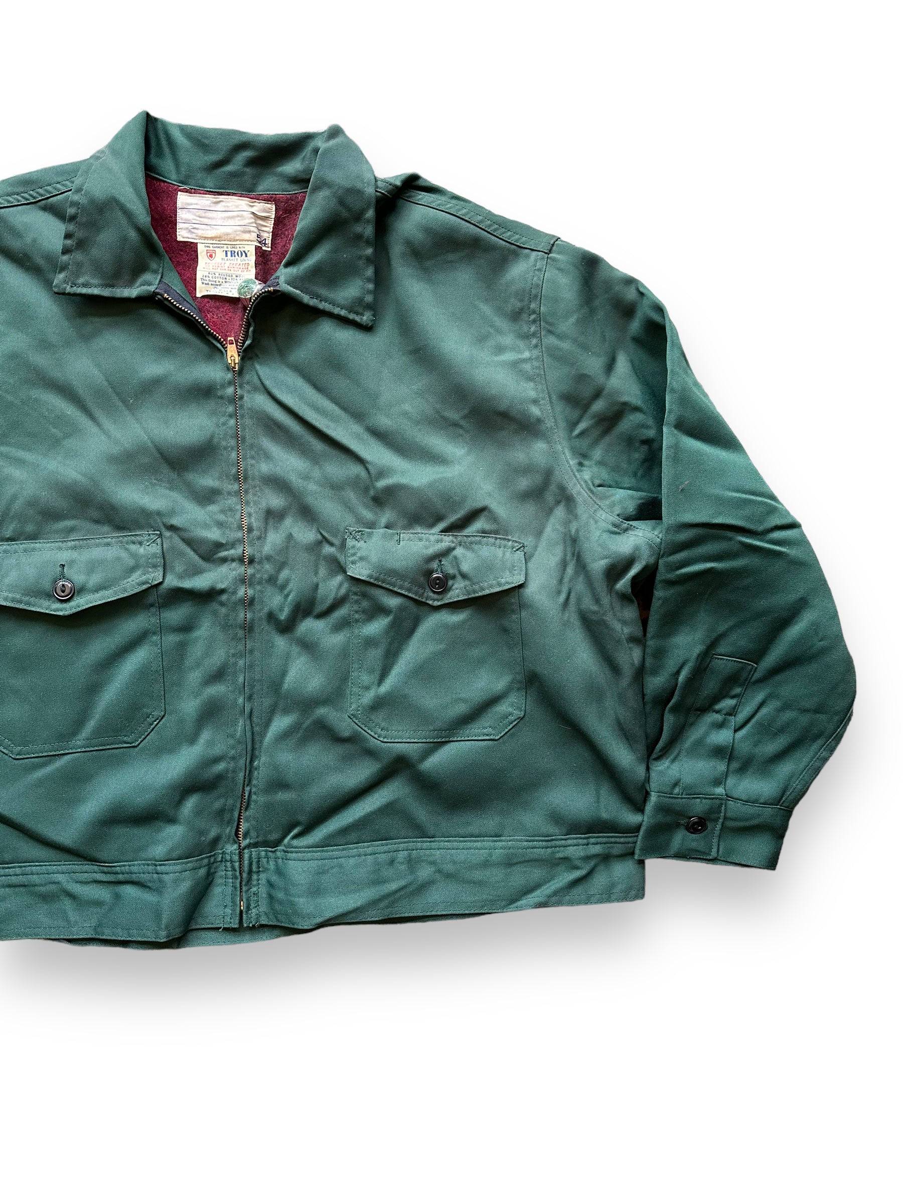 Front Left View of Vintage Green Troyset Blanket Lined Gas Station Jacket SZ 54 | Vintage Workwear Jacket Seattle | Seattle Vintage Clothing