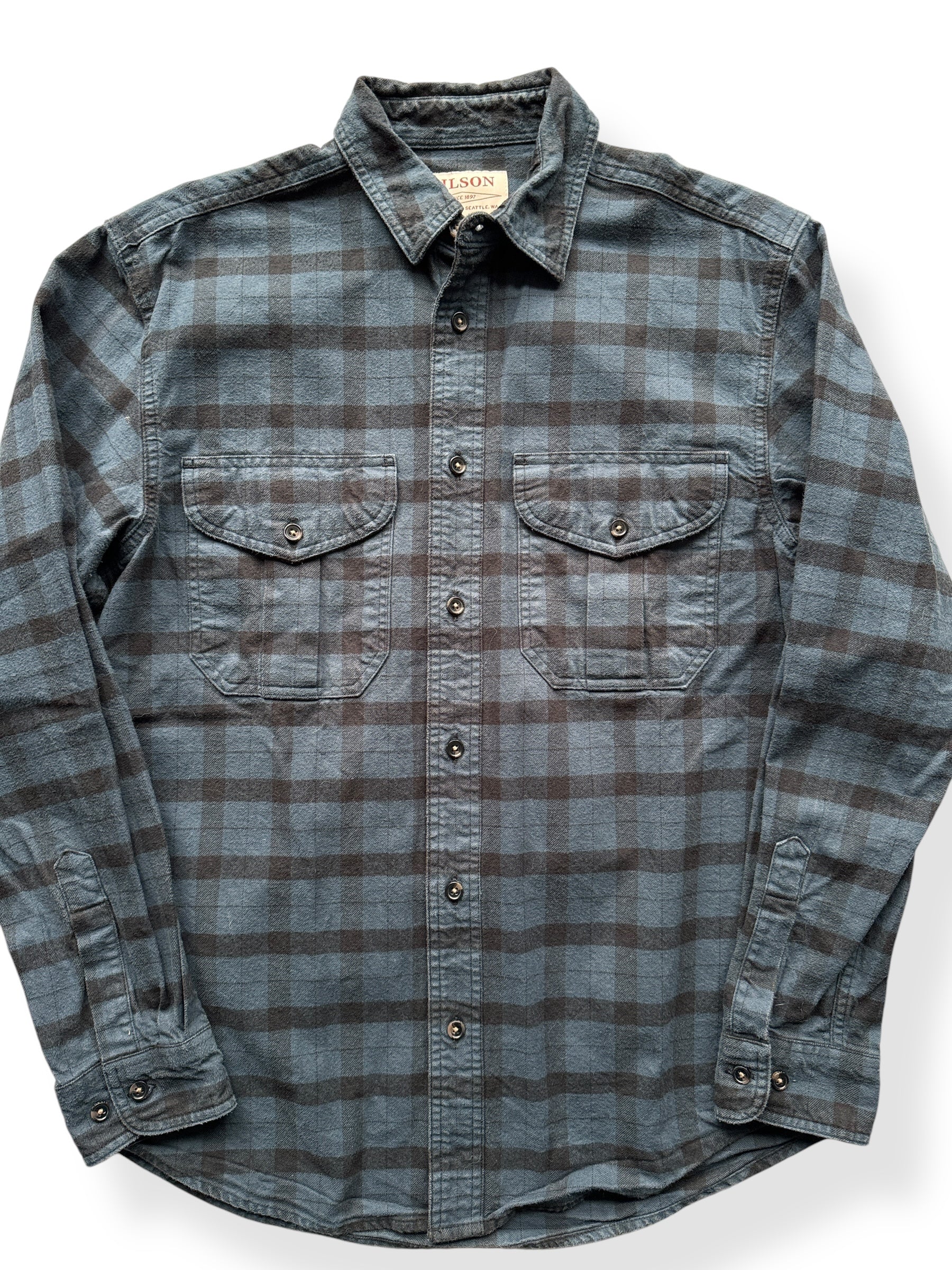 Front Close Up of Filson Blue Black Guide Shirt SZ S