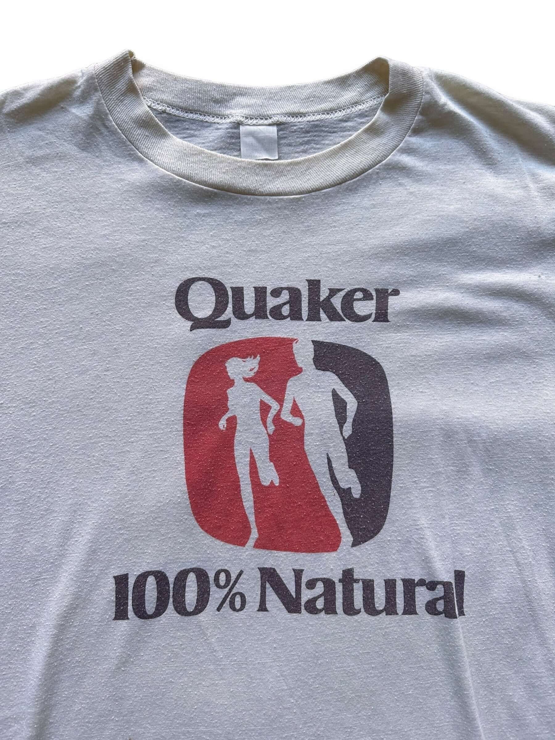 front close up of Vintage Quaker 100% Natural Running Tee SZ S