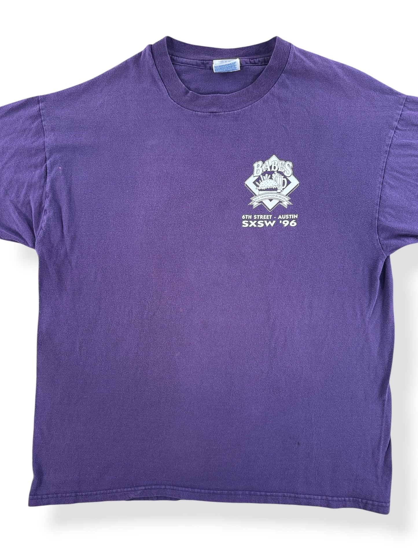 Front Close Up of Vintage '96 SXSW Babes Burgers Tee SZ XL (Fits L)