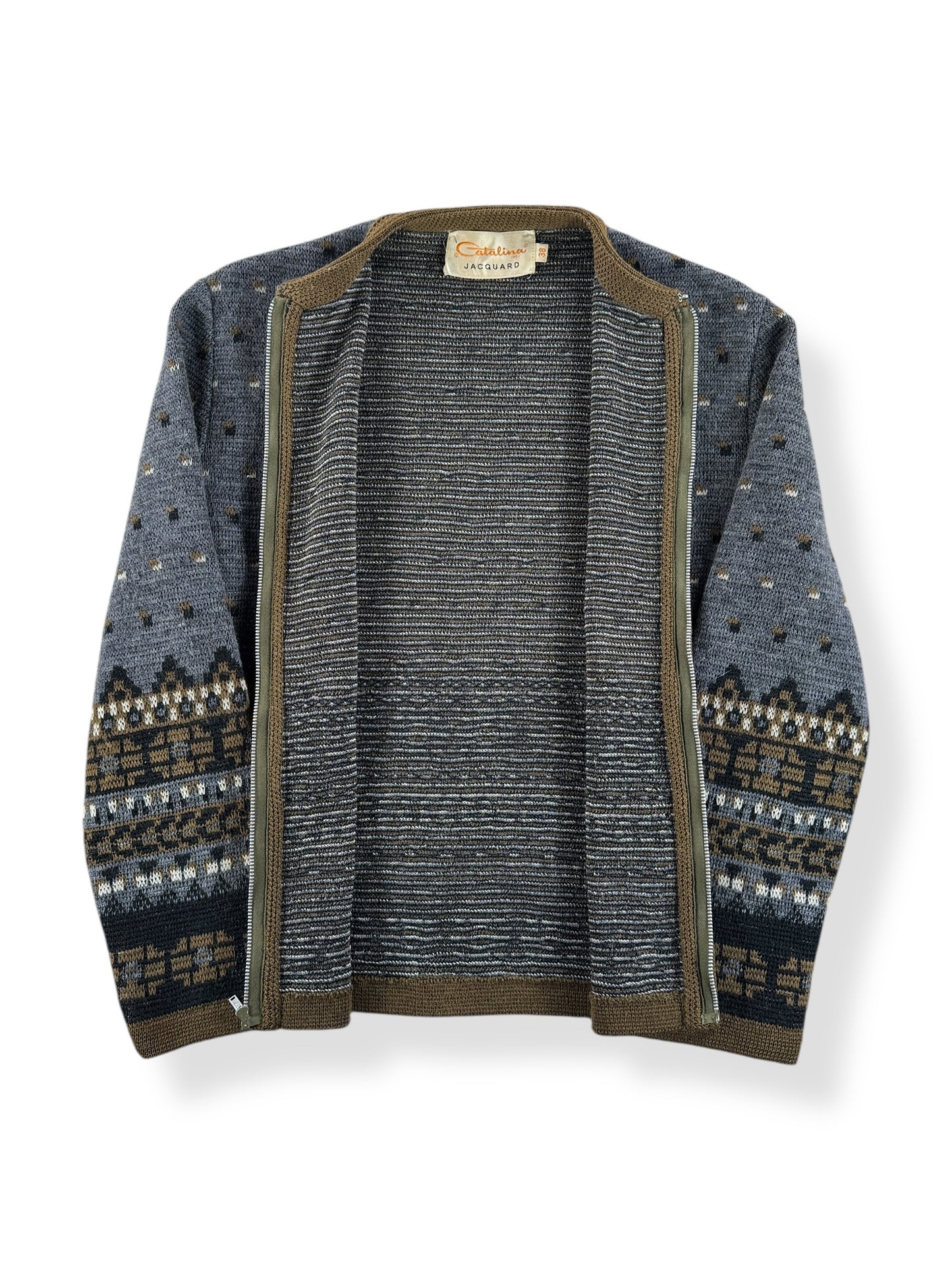 Inside of Vintage Catalina Jacquard Zip Up Sweater SZ 38