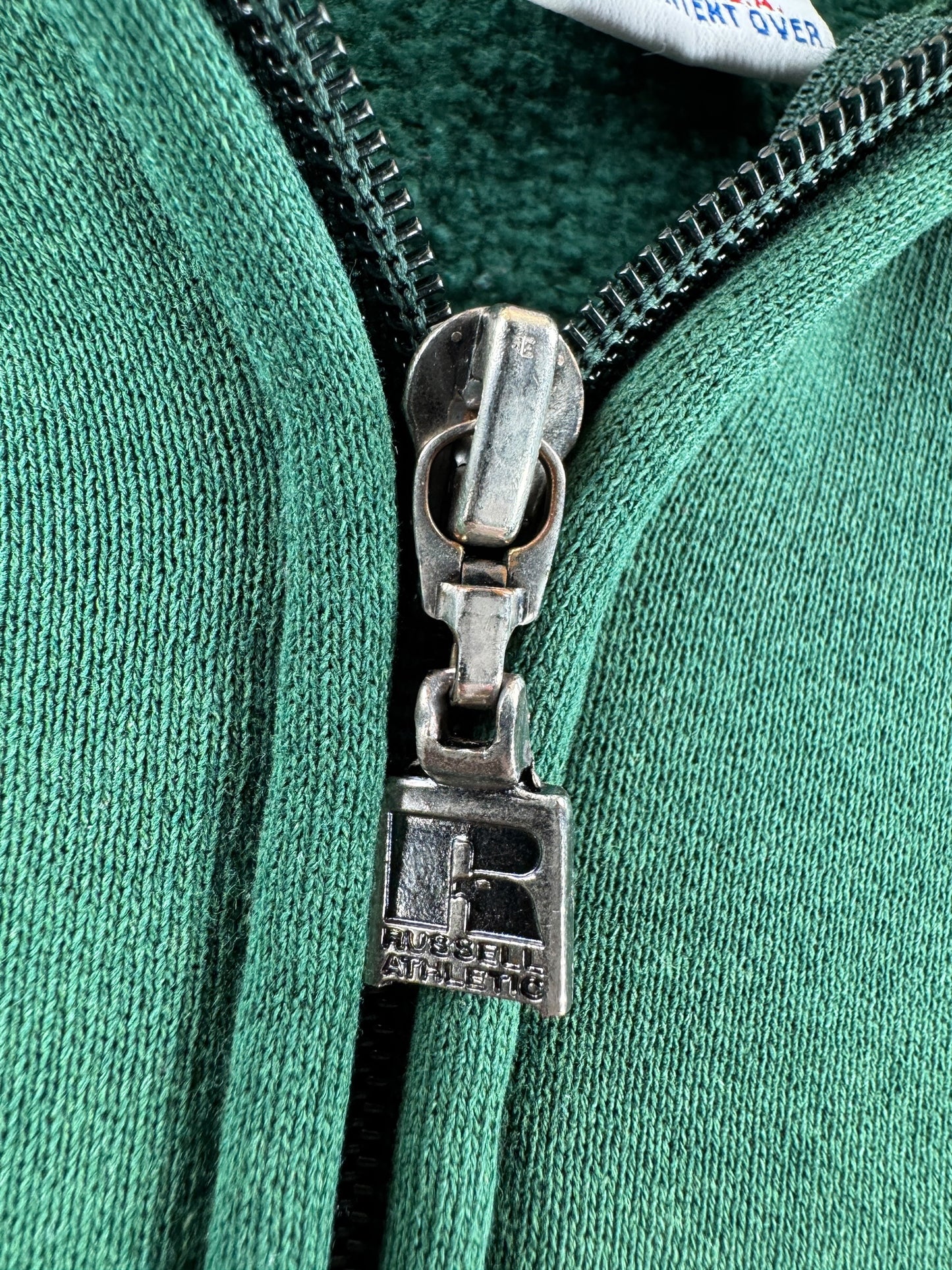 Zipper on Vintage Russell Athletic Green Zip Hoodie SZ L