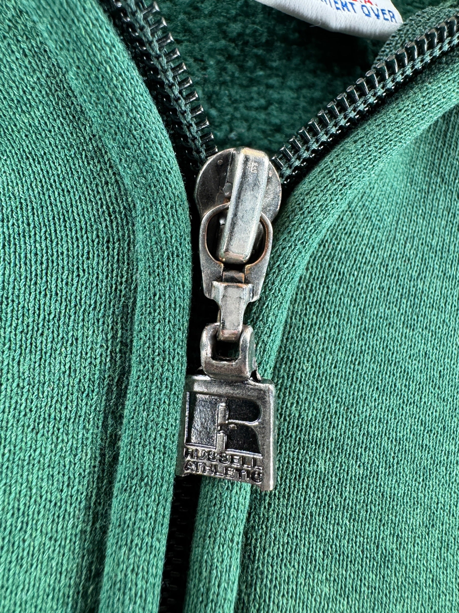 Zipper on Vintage Russell Athletic Green Zip Hoodie SZ L