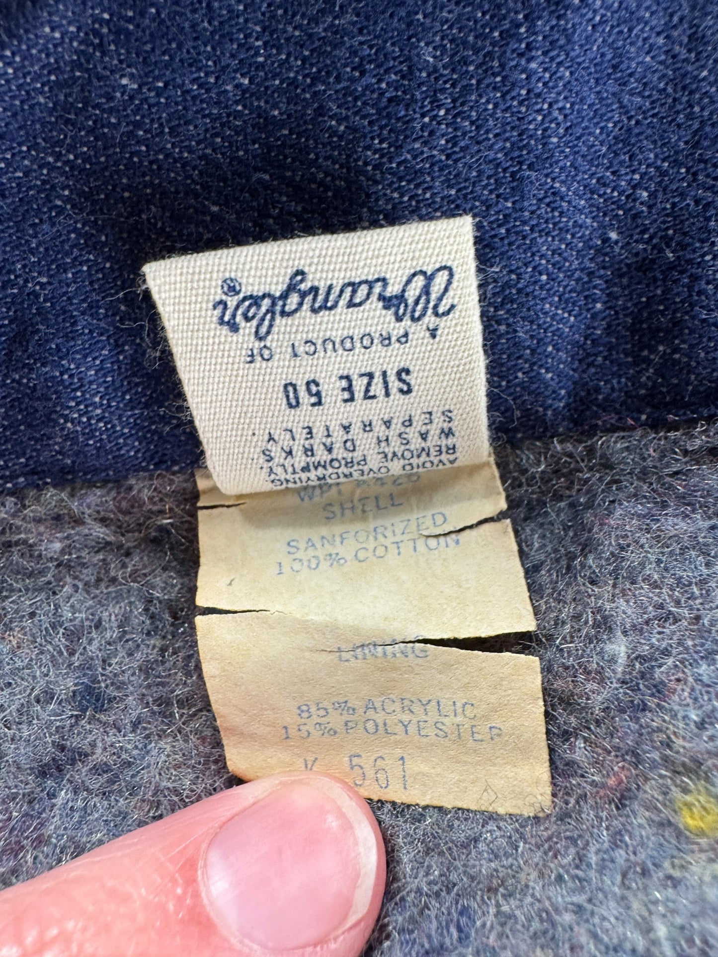 Label on Vintage Wrangler Blanket Lined Denim Chore Coat SZ 50