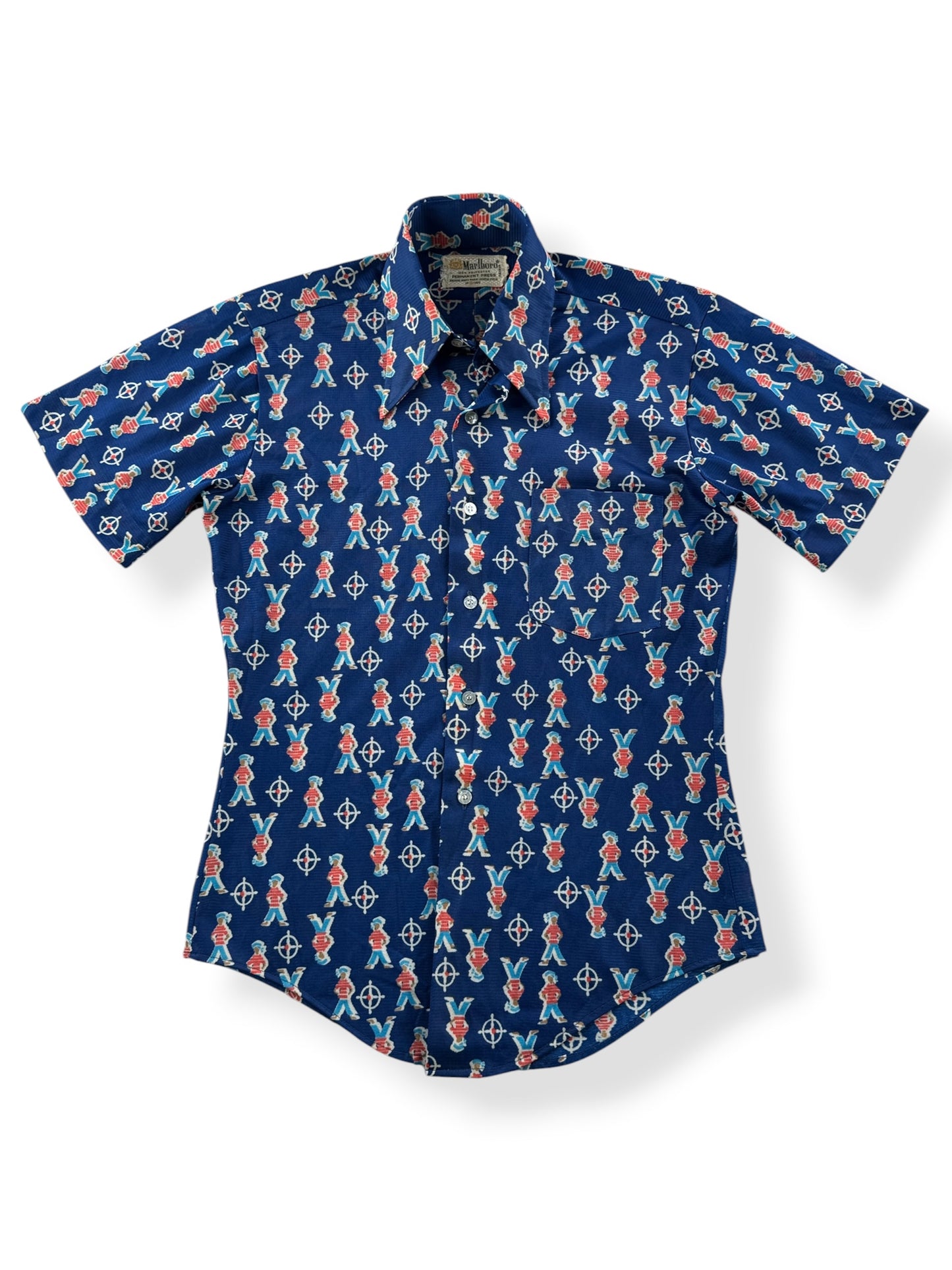 Front of Vintage Malboro Polyester Sailor Pattern Shirt SZ S