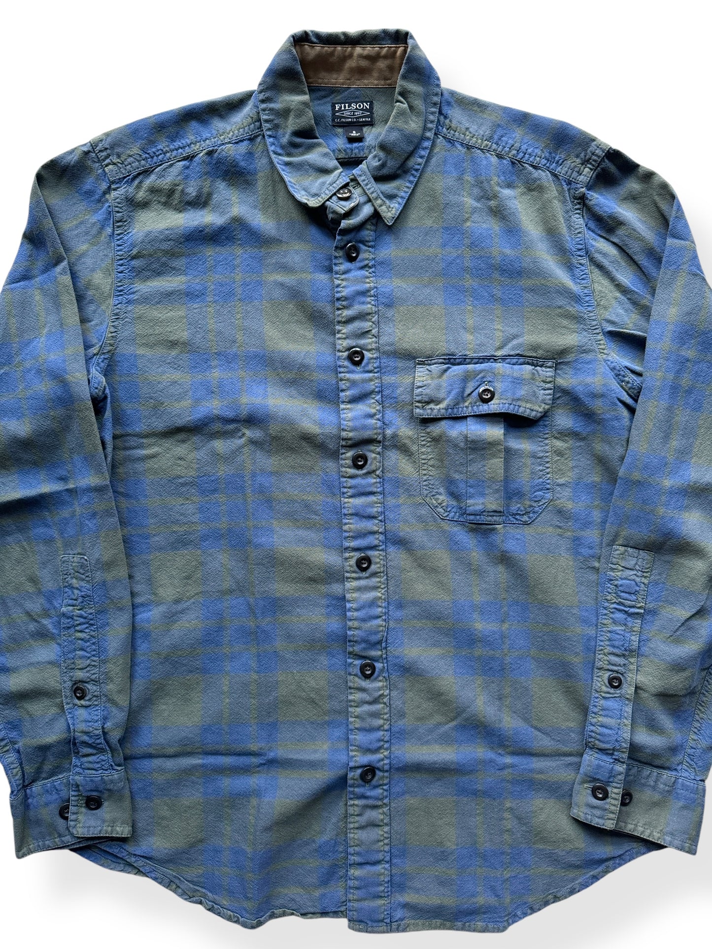 Front Close Up of Filson Green Blue Button Up Shirt SZ S