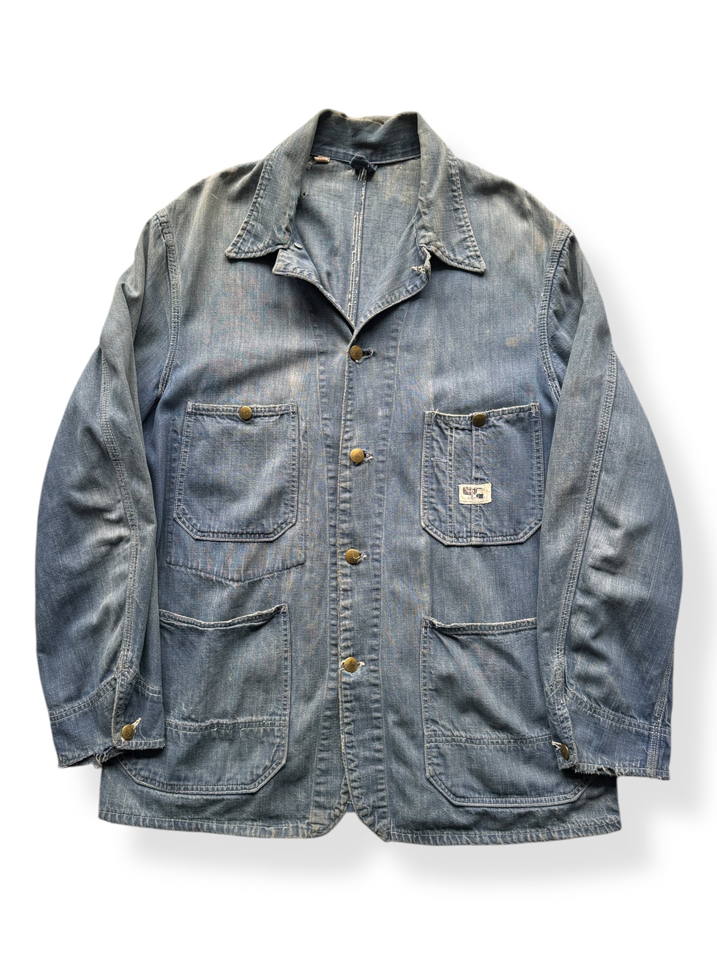 Front of Vintage Sears Distressed Unlined Denim Chore Jacket SZ 42 AS IS