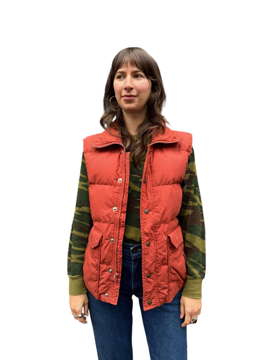 Front model view of 1970s Sears Burnt Orange Puffer Vest L