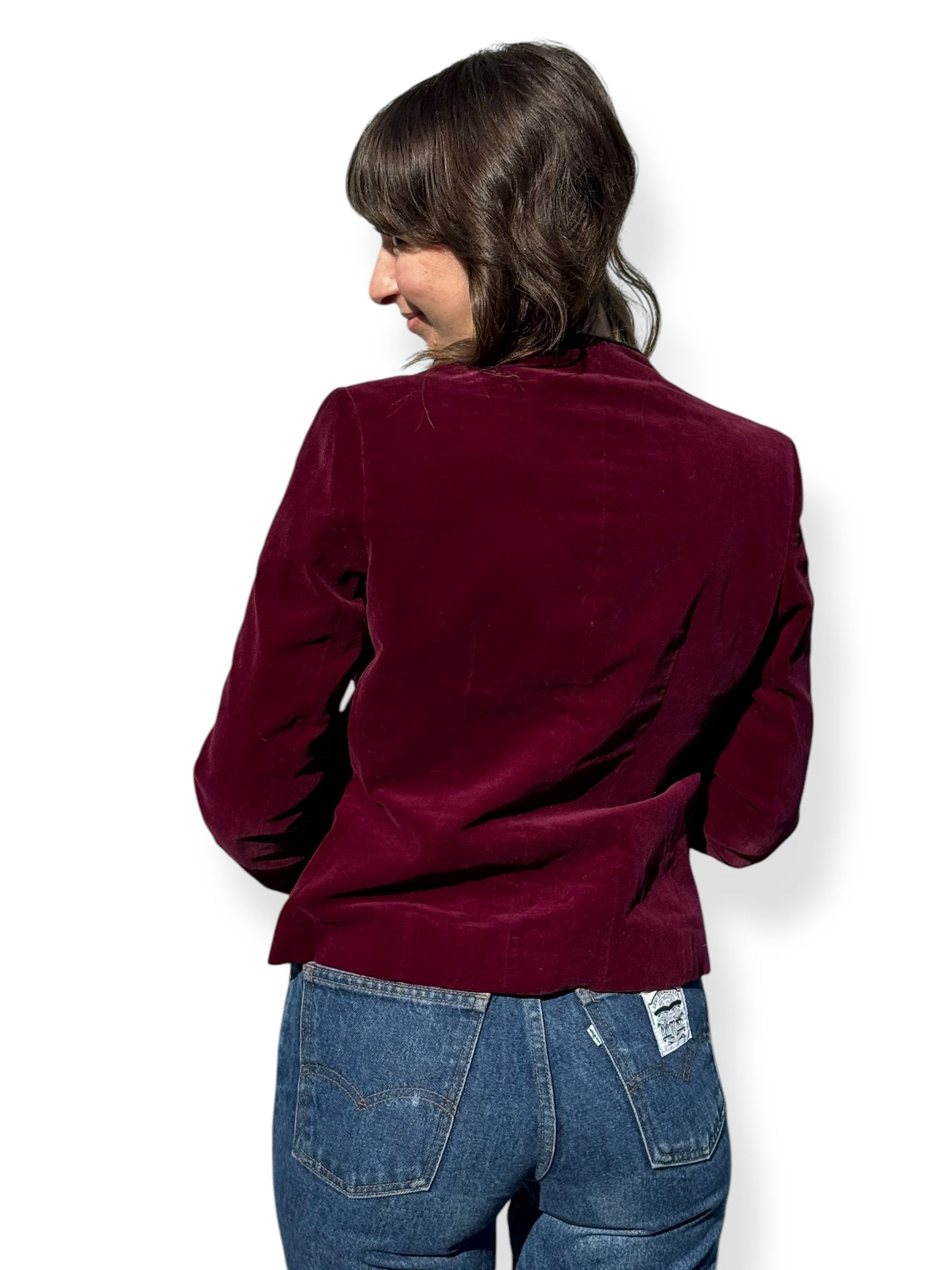 Back view of 1980s Burgundy Velvet Nordstrom Blazer M