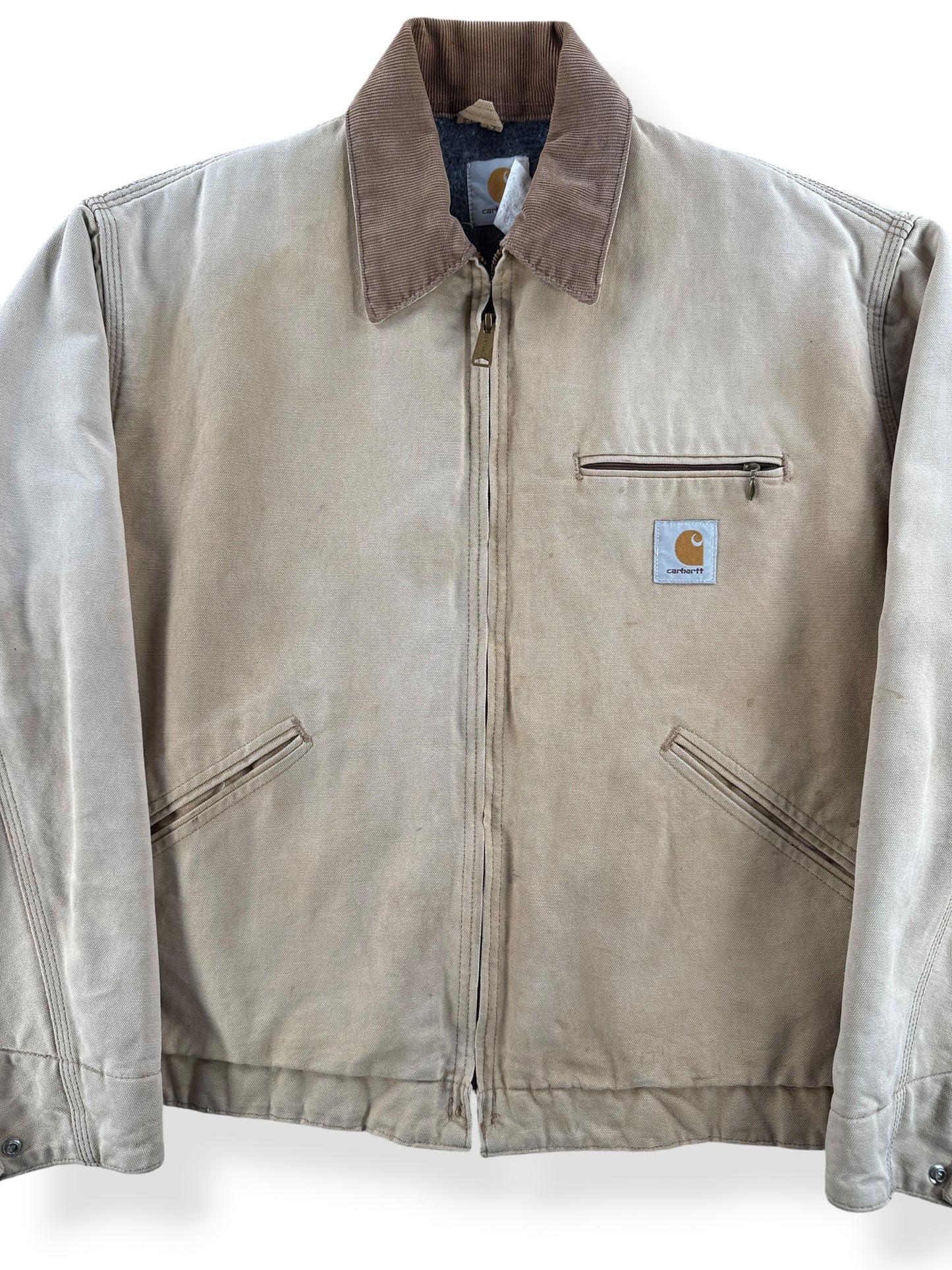 Front Close Up of Vintage Tan Carhartt Detroit Jacket SZ 46