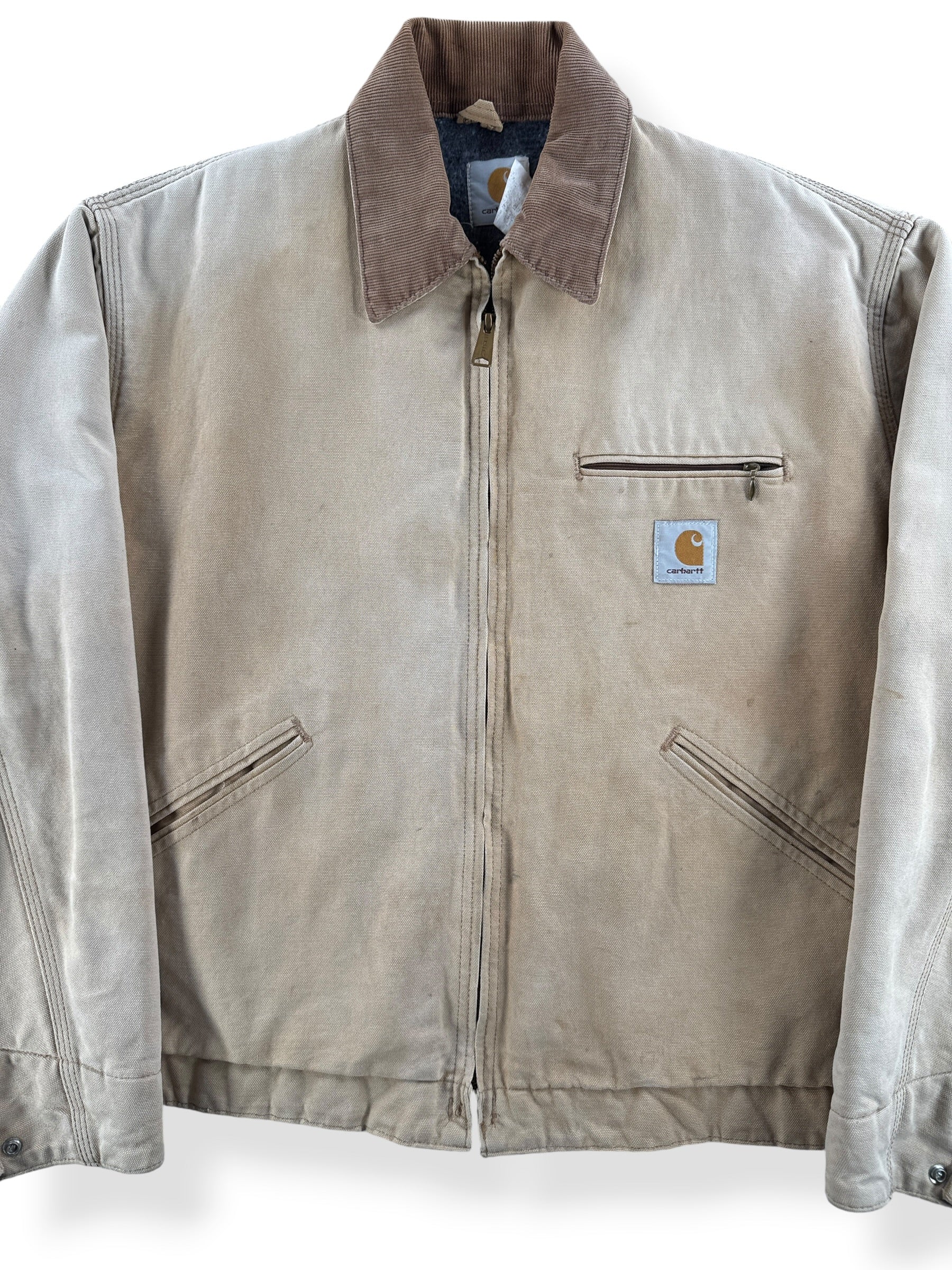 Front Close Up of Vintage Tan Carhartt Detroit Jacket SZ 46