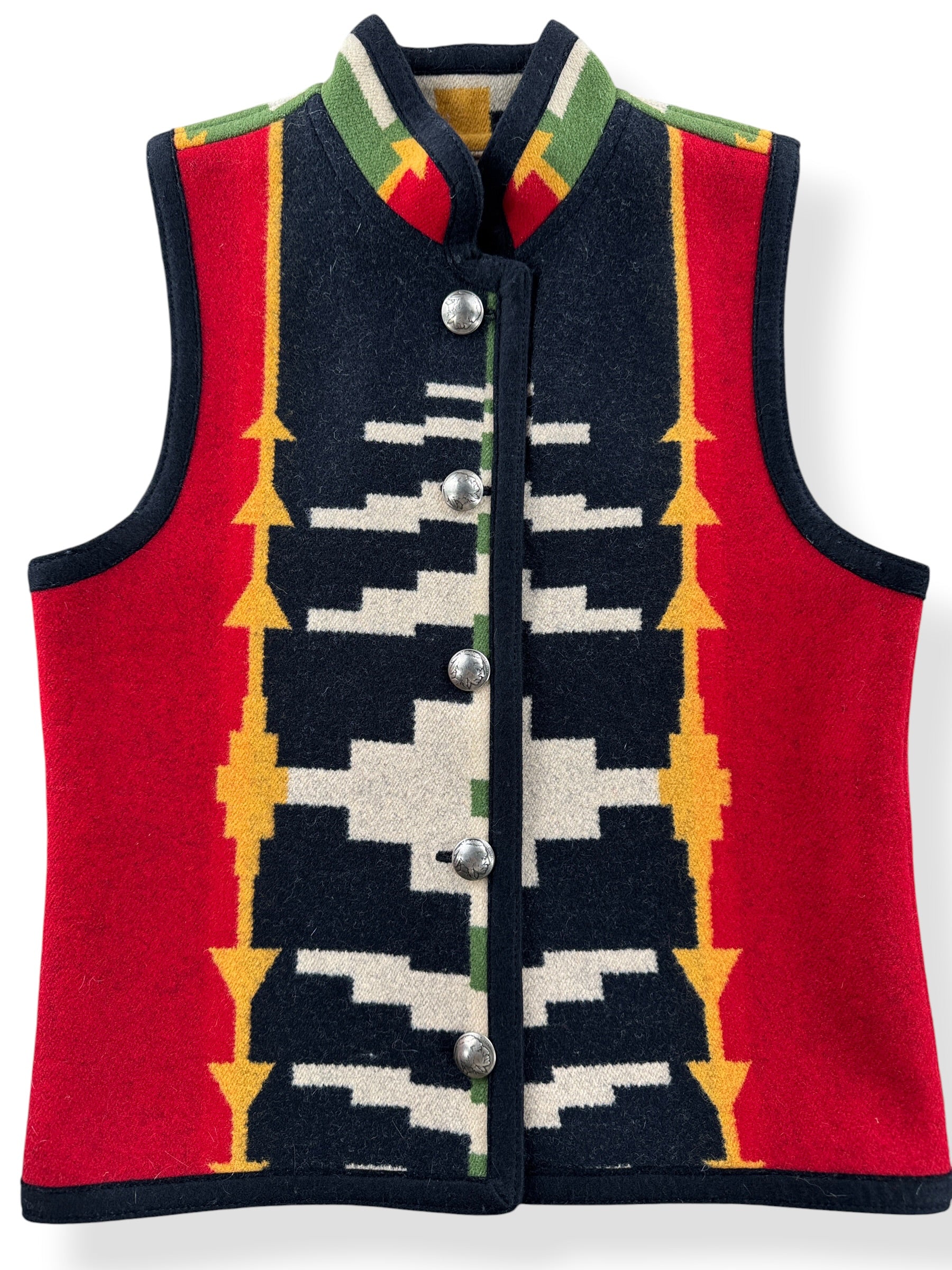 Front Close Up of Vintage Reversible Concho Button Wool Vest SZ XS
