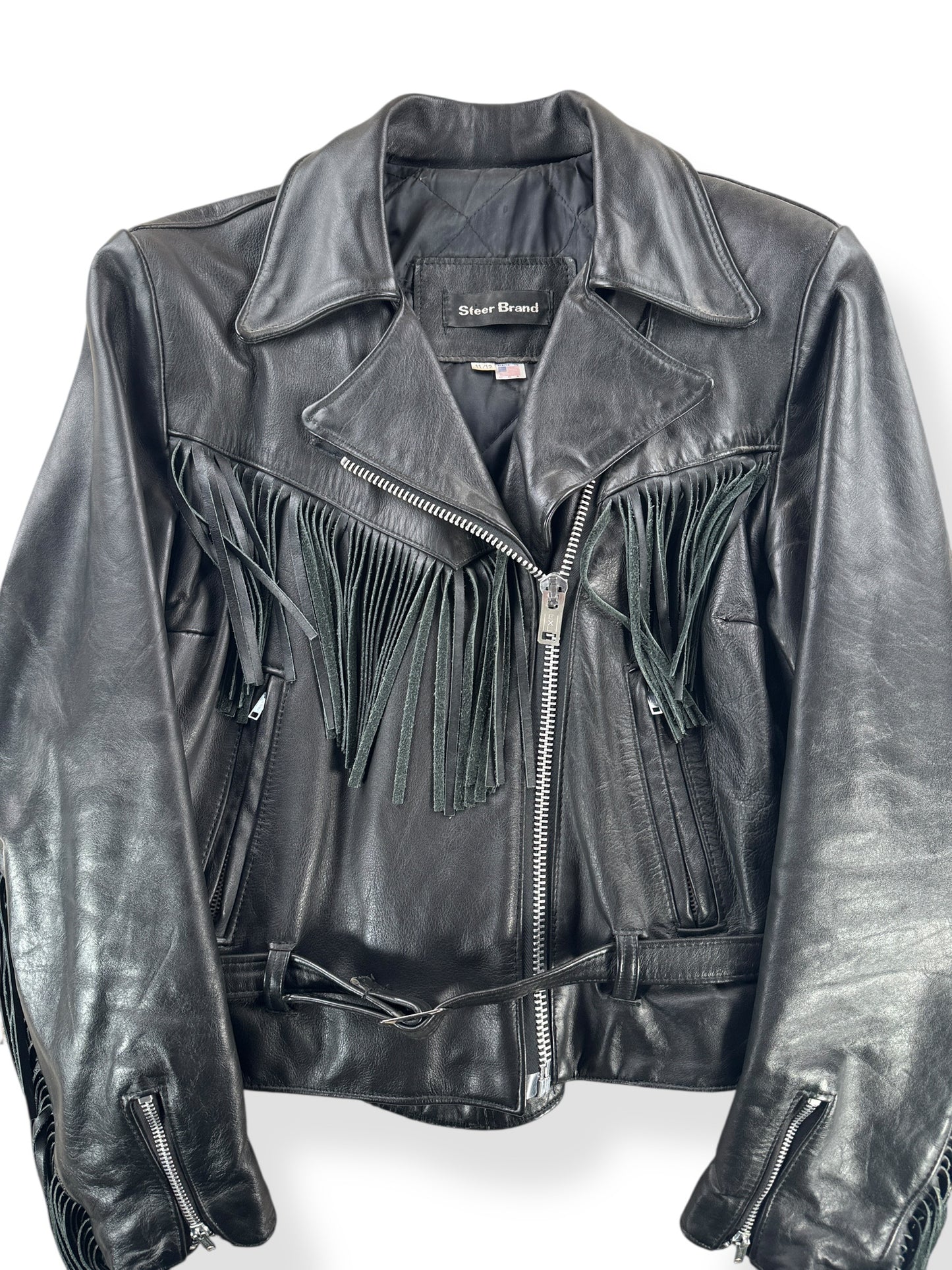 Front Close Up of Vintage Steer Brand Fringe Leather Biker Jacket SZ 11/12