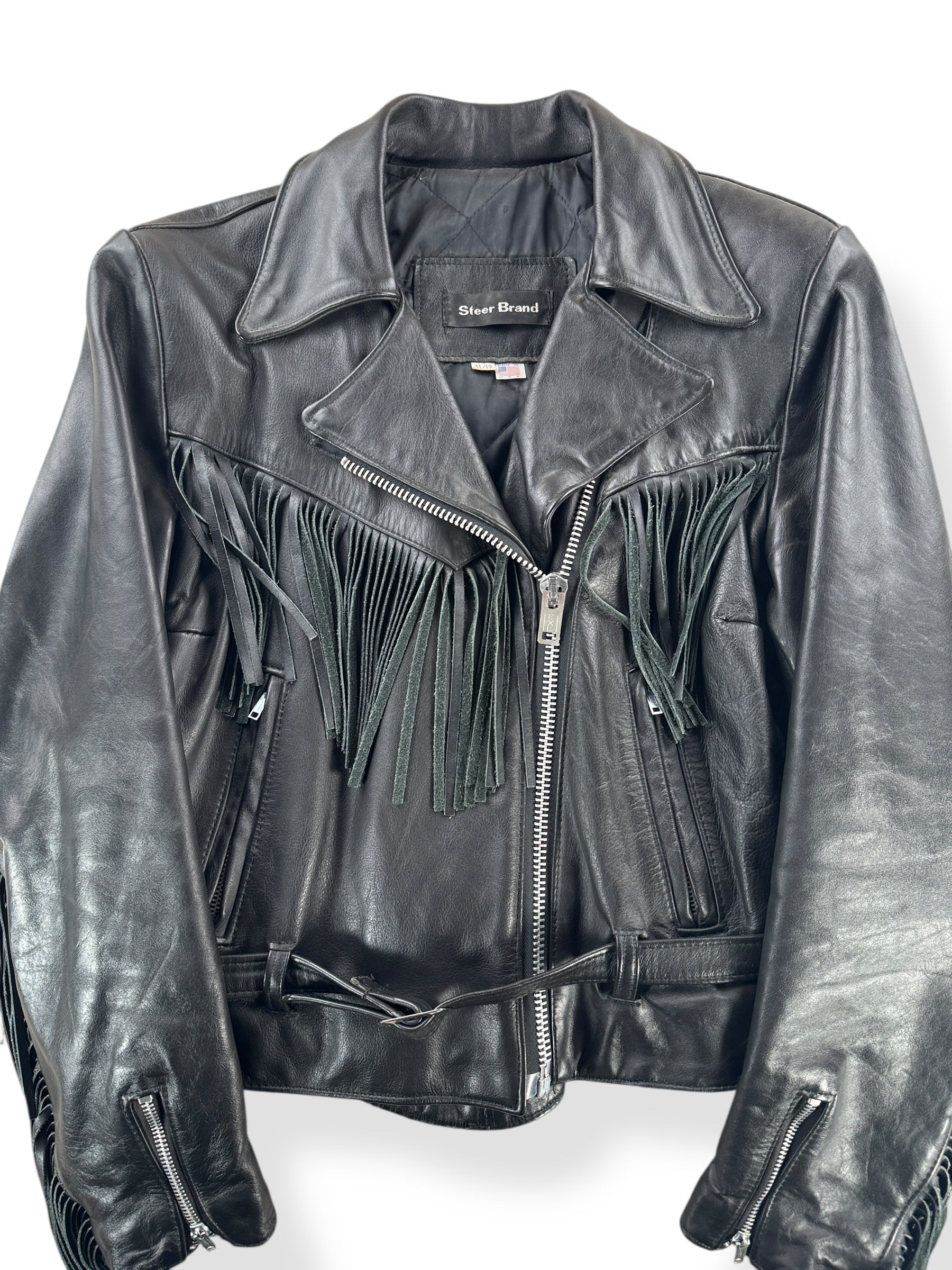 Front Close Up of Vintage Steer Brand Fringe Leather Biker Jacket SZ 11/12