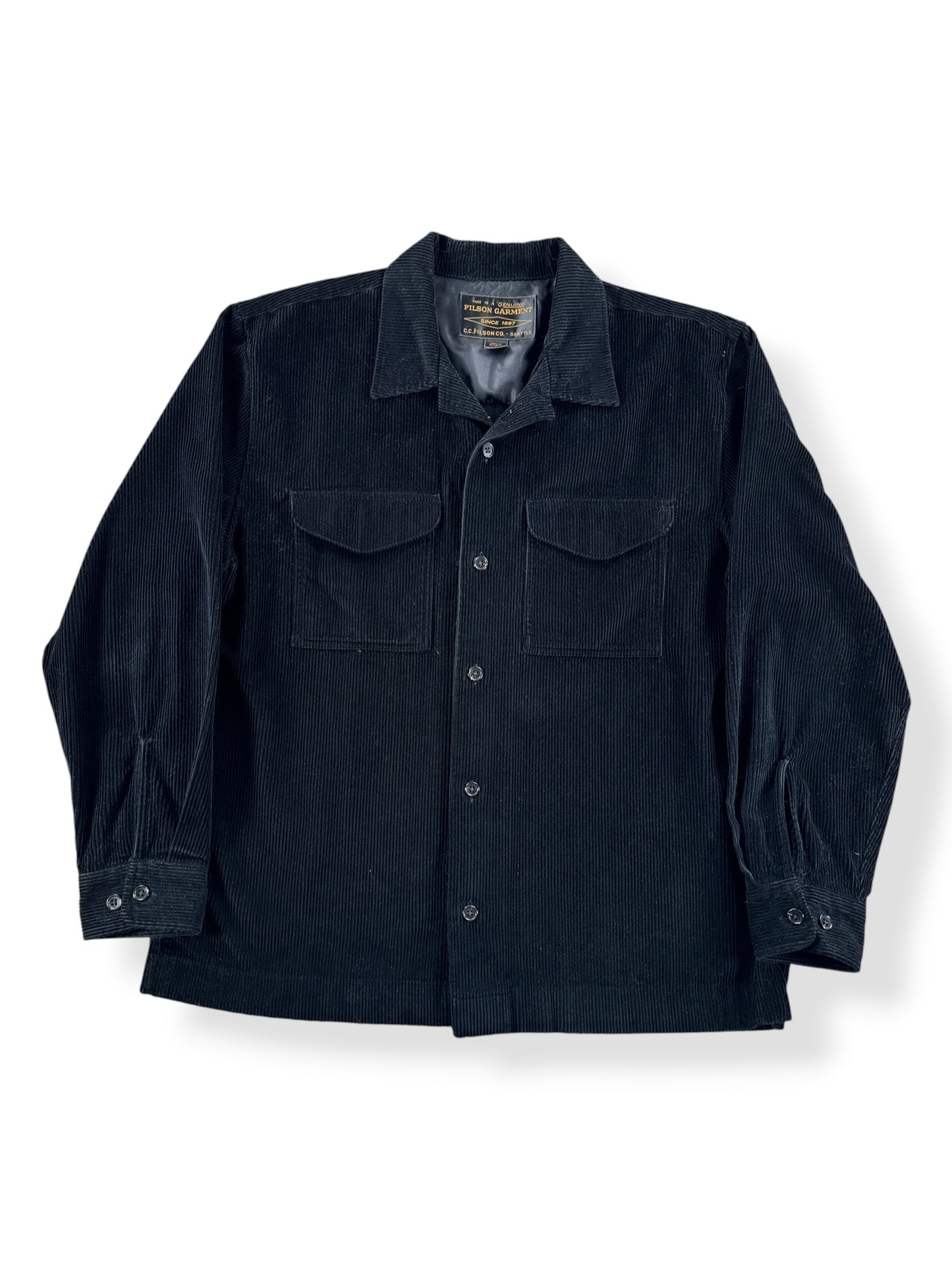 Front of Filson Black Corduroy Shirt Jacket SZ L