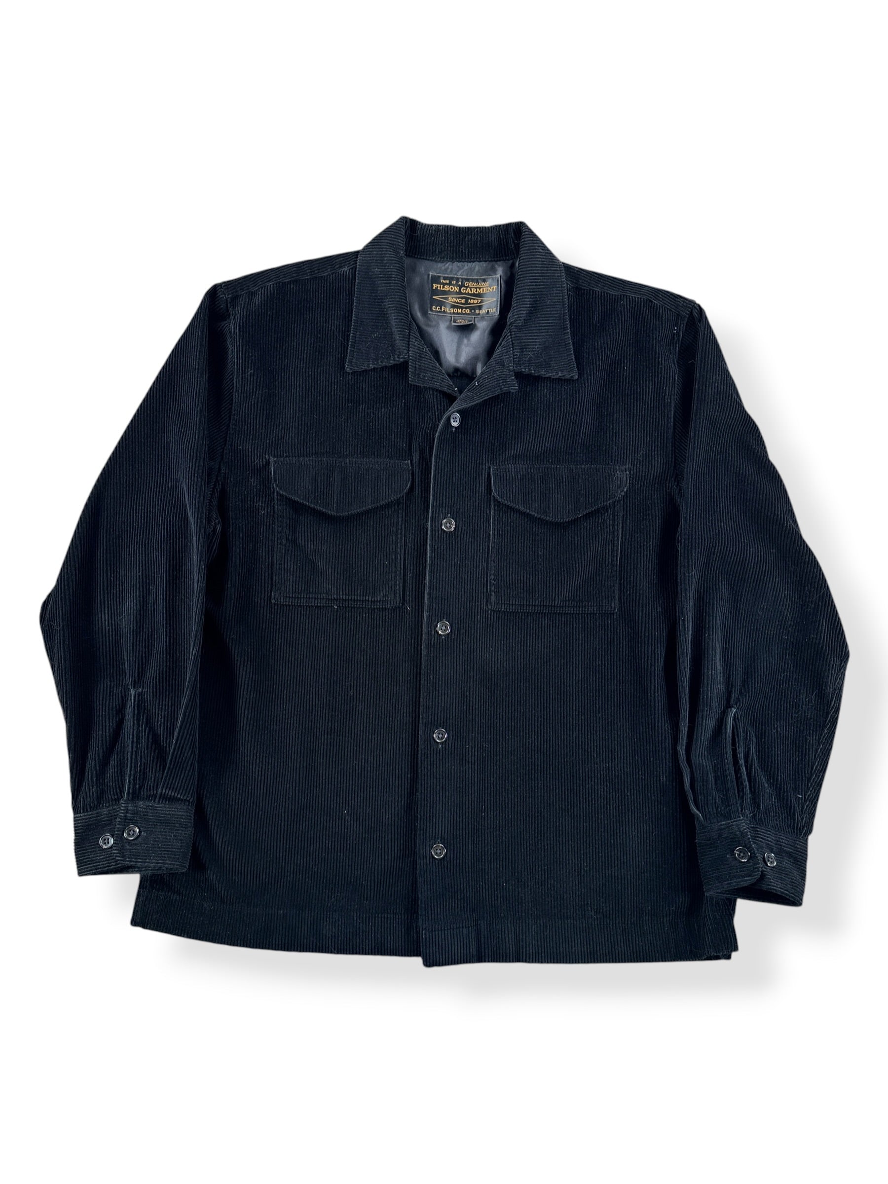Front of Filson Black Corduroy Shirt Jacket SZ L