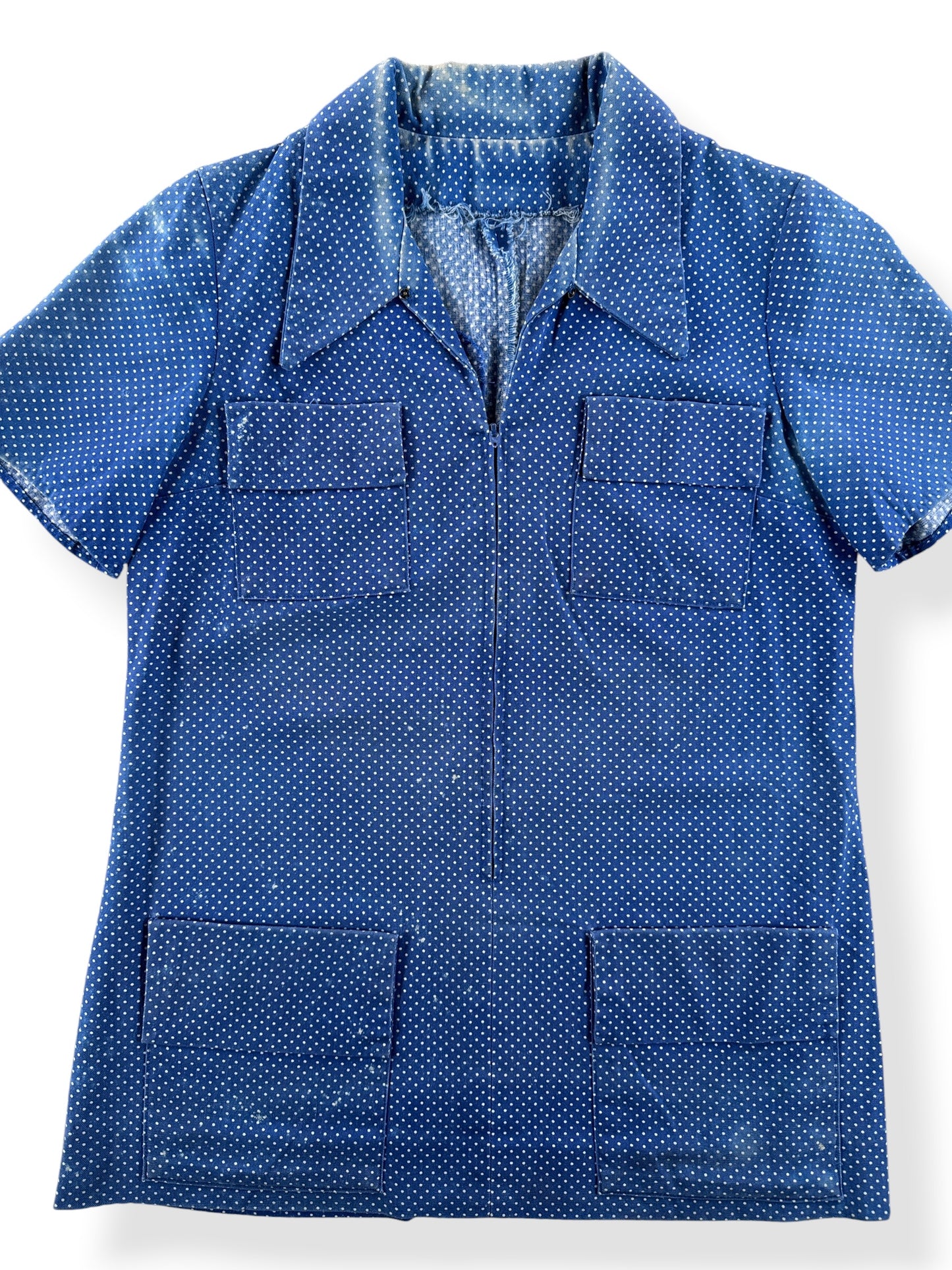 Front Close Up of Vintage 1970s Polka Dot Top With Repairs SZ M