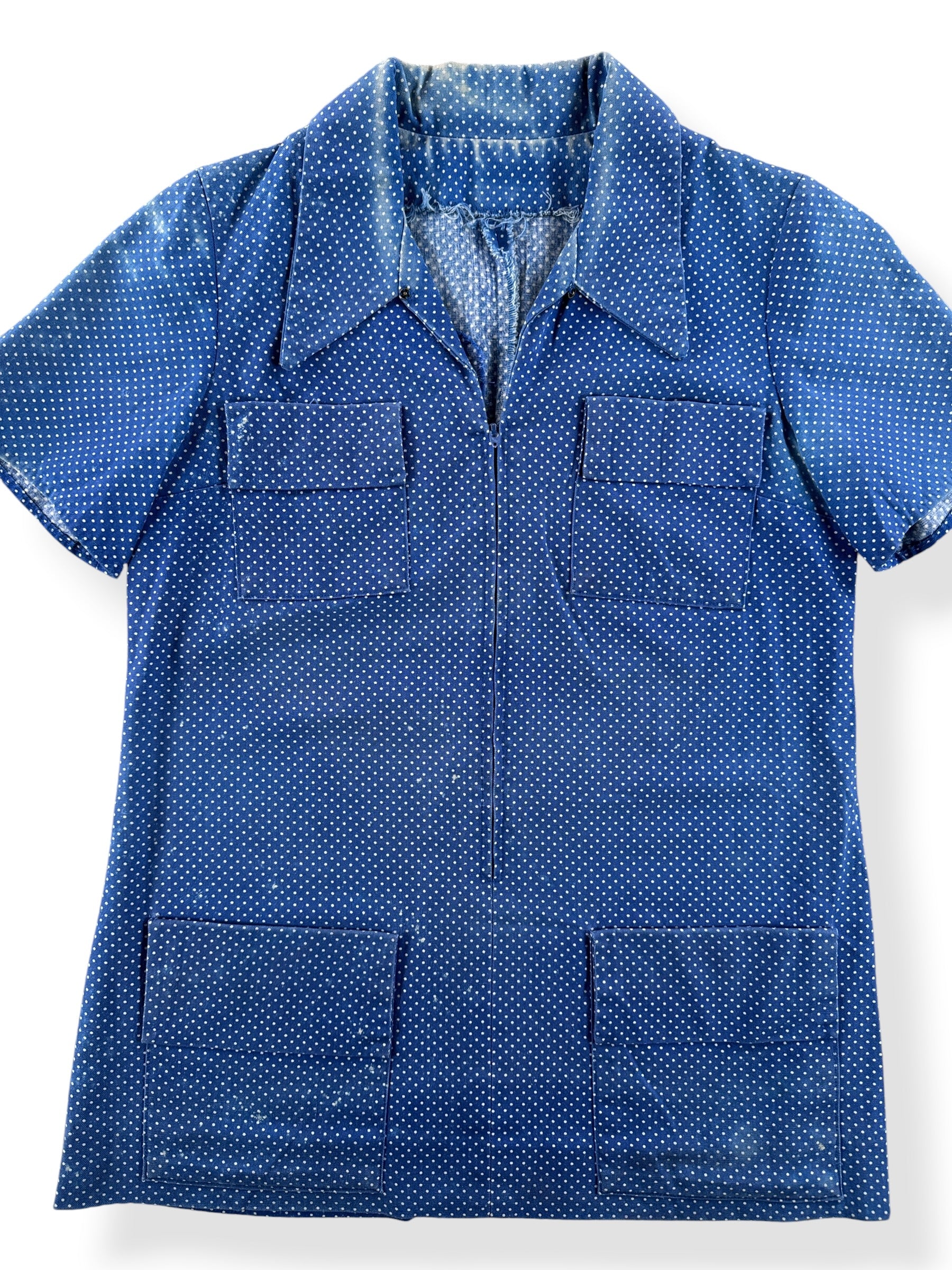 Front Close Up of Vintage 1970s Polka Dot Top With Repairs SZ M