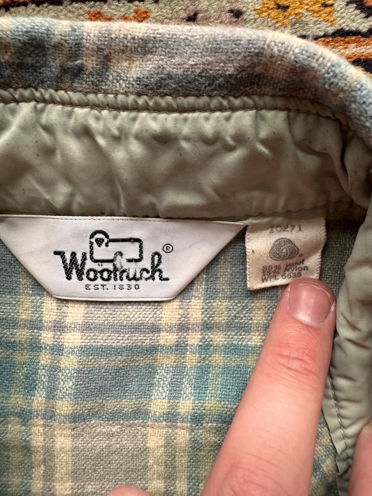 tag on Vintage Woolrich Blue Plaid Wool Flannel SZ M