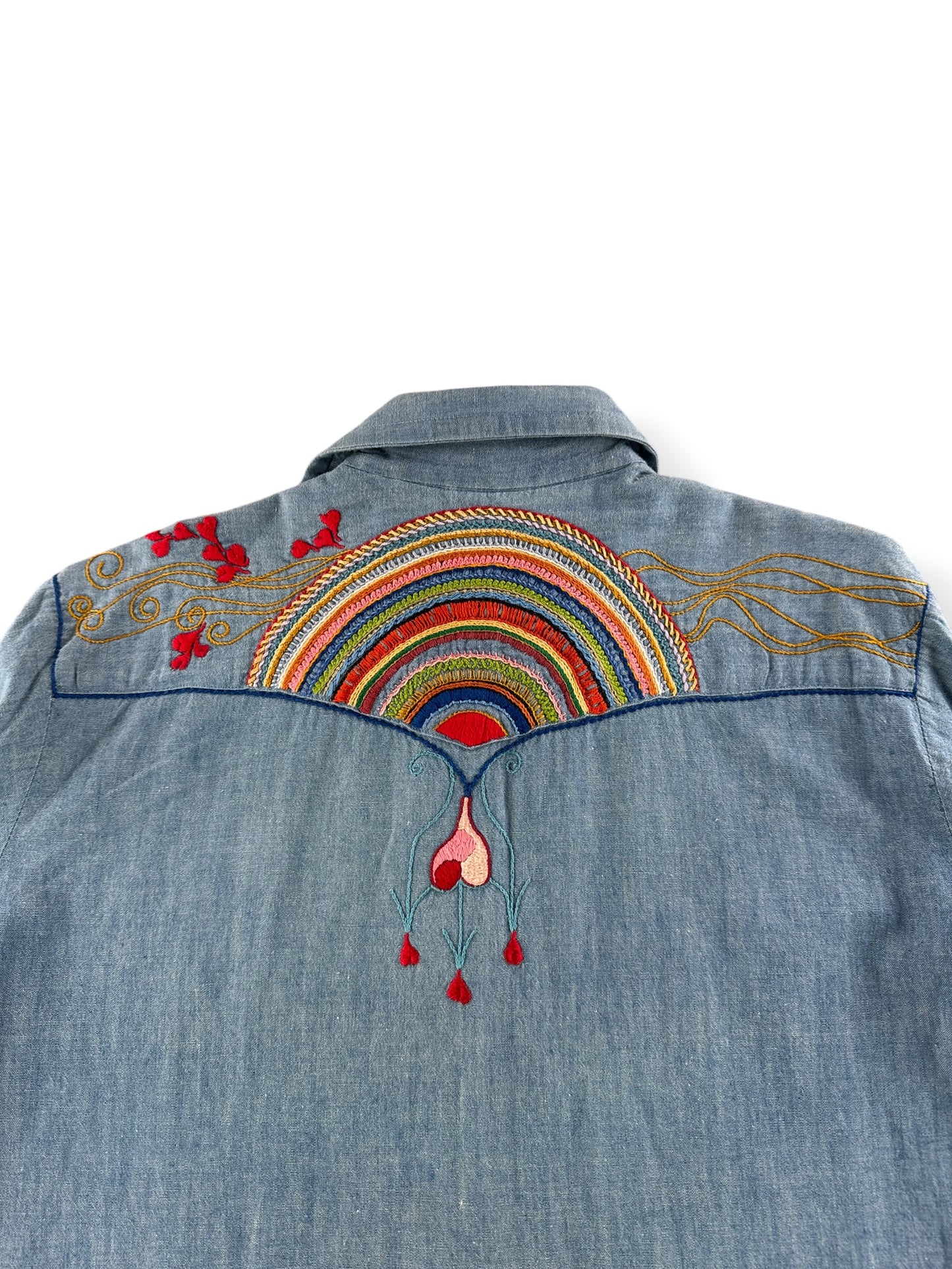Back Embroidery on Vintage Embroidered Chambray Pearlsnap SZ M