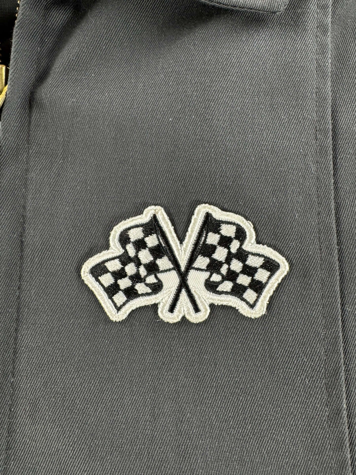 Patch on Vintage 90s Grey Checkered Flag Patch Gas Station Jacket SZ M