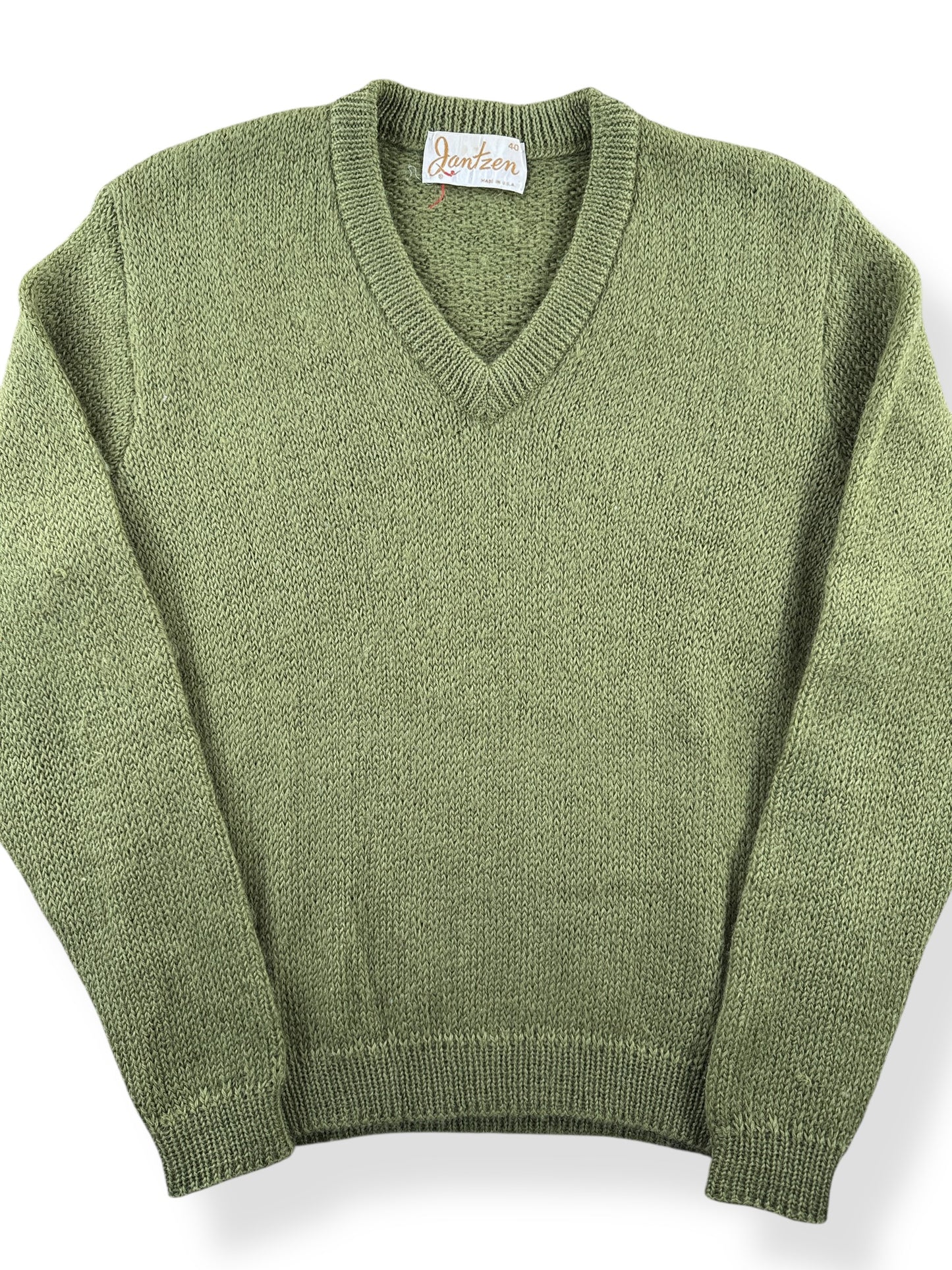 Front Close Up of Vintage Jantzen Green Wool Sweater SZ 40