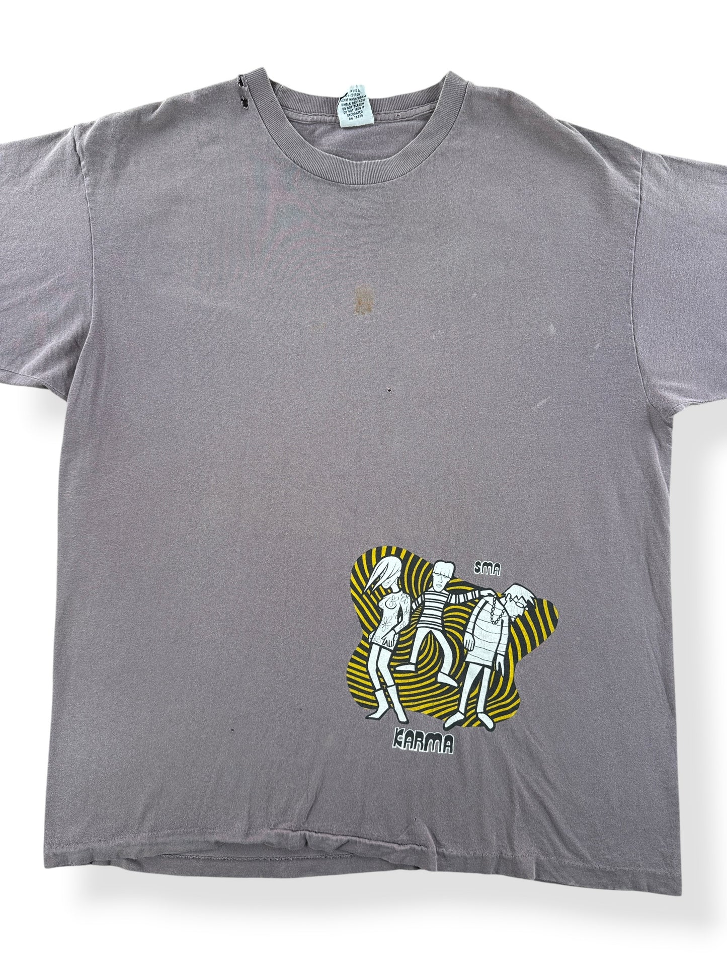 Front Close Up of Vintage Distressed Santa Cruz Skateboards Karma SMA Tee SZ XL