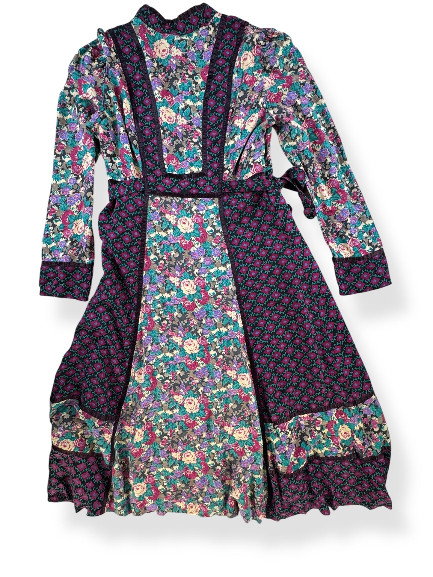 Back 1970s Patchwork Floral Dress S-M