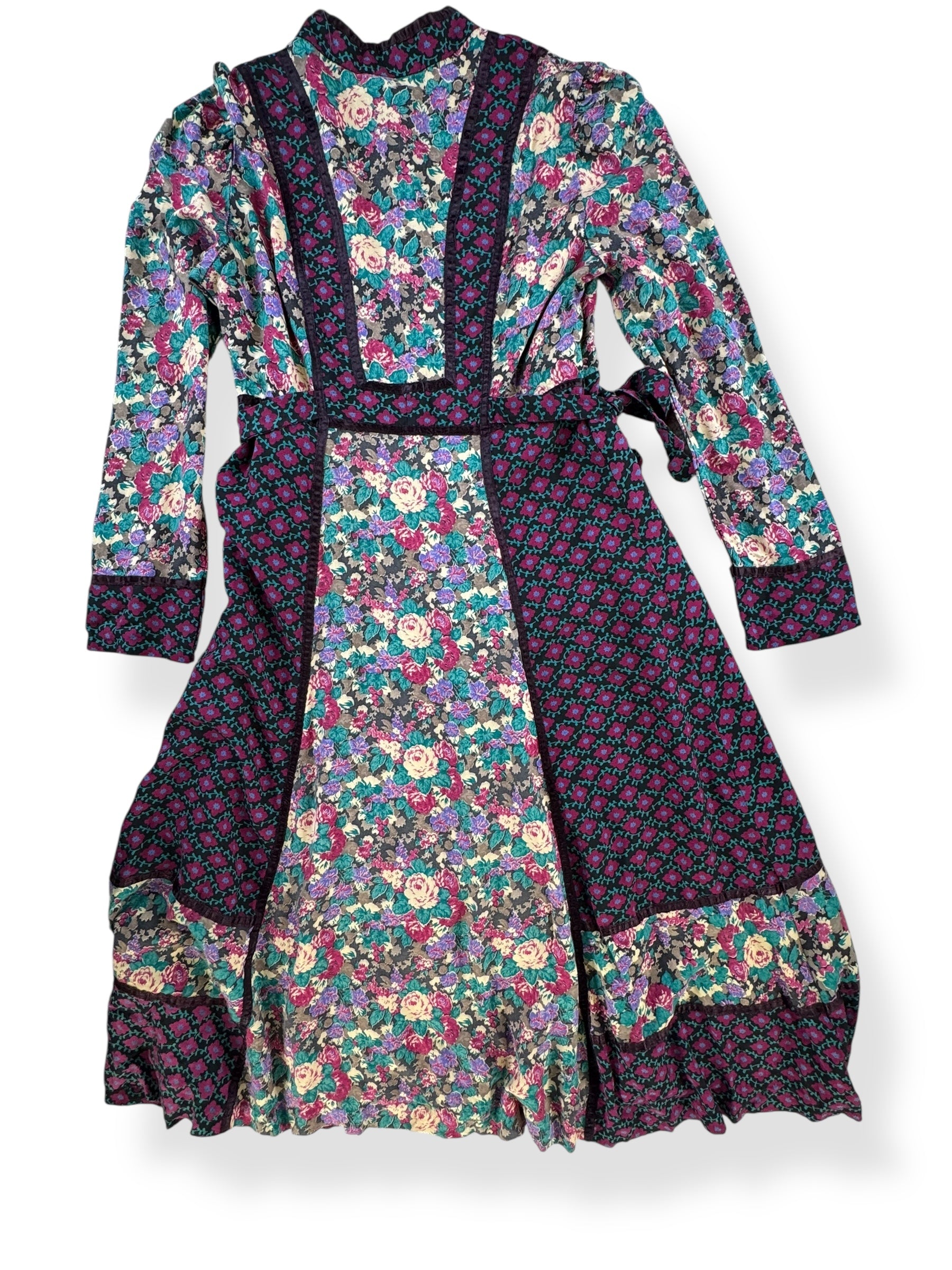 Back 1970s Patchwork Floral Dress S-M