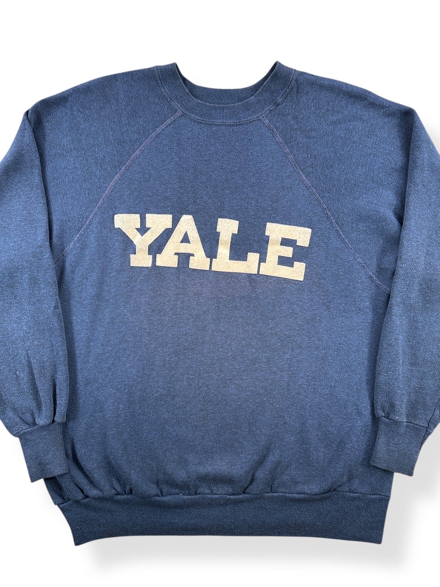 Front Close Up of Vintage Yale Flock Print Crewneck SZ L